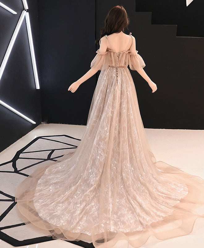 Elegant Champagne Tulle Lace Long Prom Dress for Women - Formal Evening Gown for Homecoming, Wedding, Quinceañera & Special Occasions