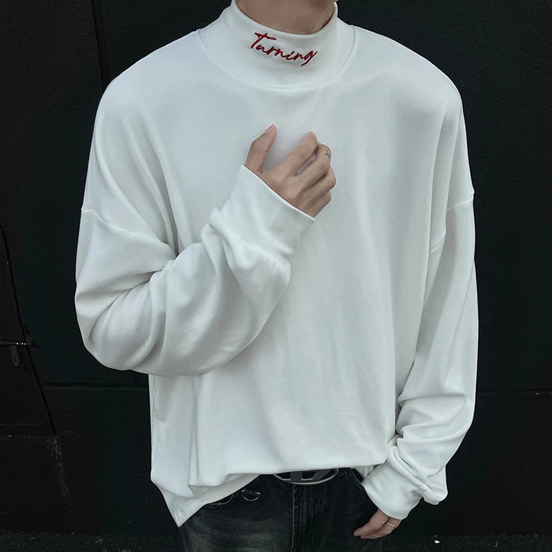 Men's Mock Neck Long Sleeve T-Shirt - Thick Letter Embroidery, Contrast Color Slim Fit Tee for Winter 2024 | Casual Wear, Office Outfits & Street Style Fashion