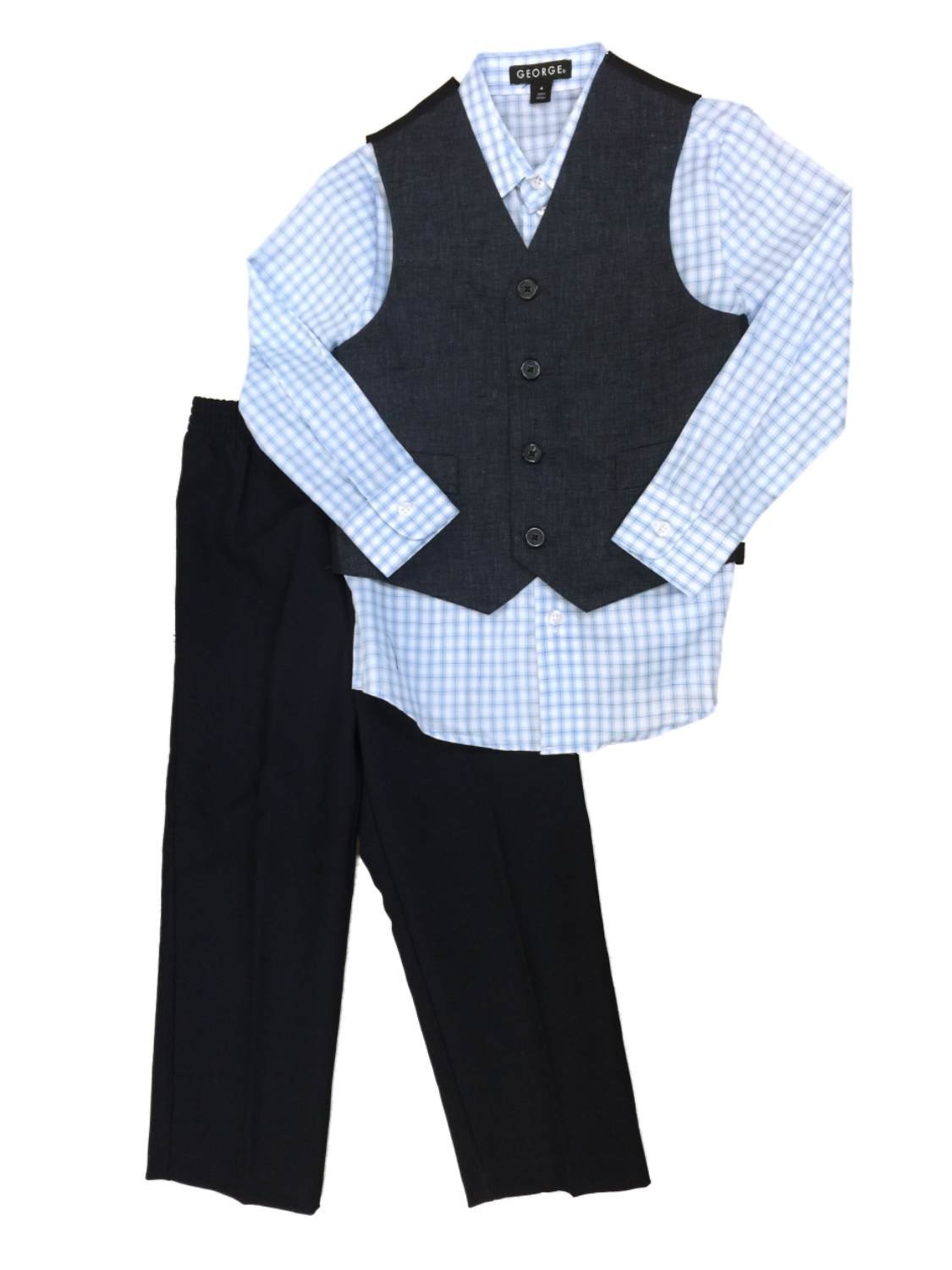 George Boys Holiday Outfit - Blue Checkered Dress Shirt, Vest & Slacks Set - Formal Christmas Party Attire for Kids - Perfect for Family Gatherings, School Events & Holiday Photos