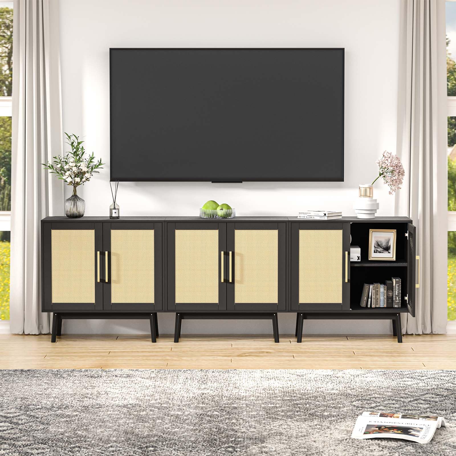LYNSOM 3-Piece Wooden Sideboard Buffet Cabinet with Rattan Doors - Long Storage Cupboard Console Table for Hallway, Entryway & Living Room - Black Modern Farmhouse Decor for Dining Room & Home Organization