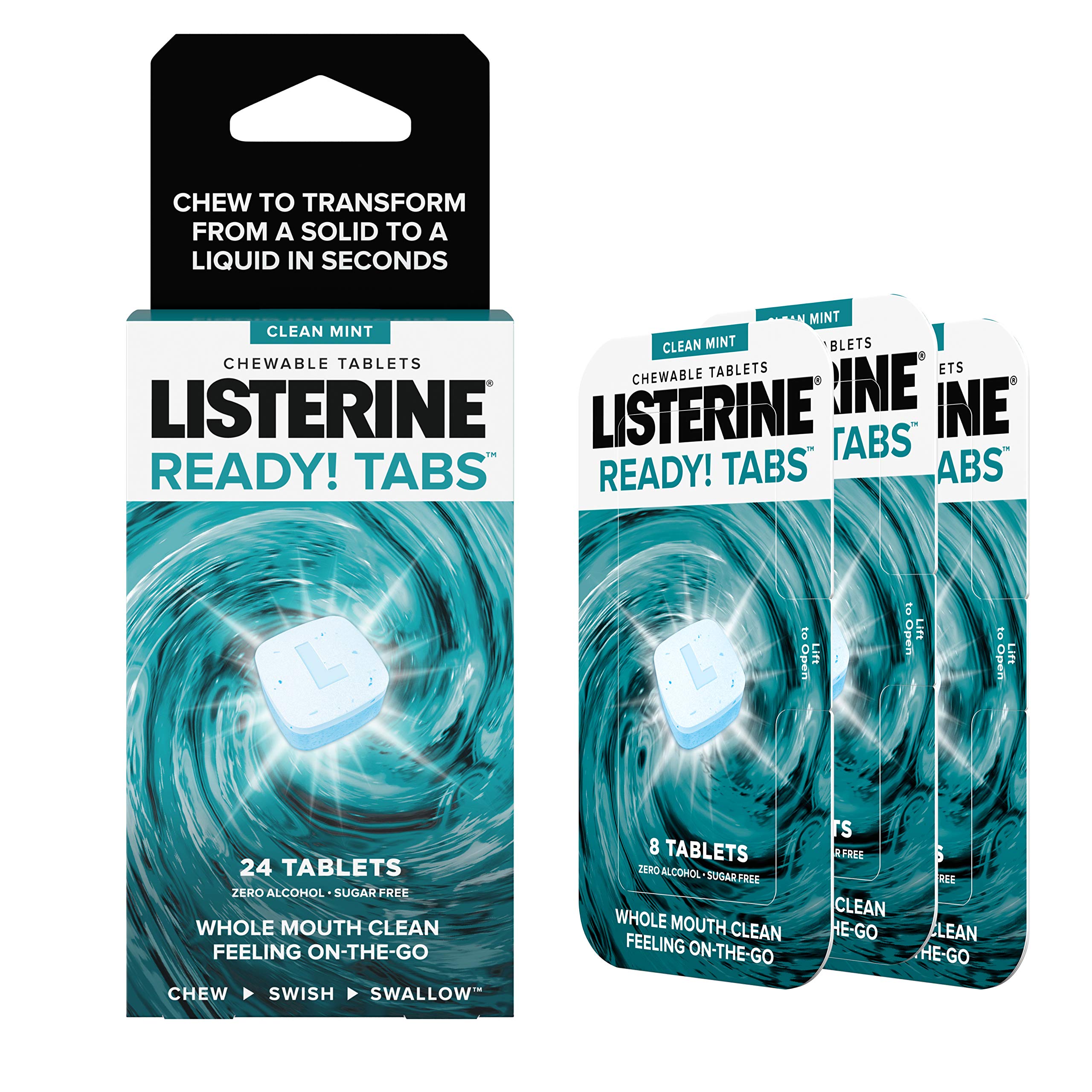 Listerine Ready! Tabs Chewable Tablets with Clean Mint Flavor - 24 Count Oral Care Tablets for Fresh Breath On-The-Go, Travel & Daily Use