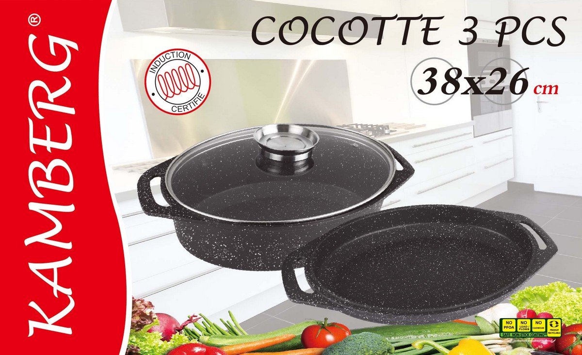 3-Piece Cast Aluminum Casserole Dish Set - 38cm (15 Inches) for Baking, Roasting & Serving - Oven, Stovetop & Tableware