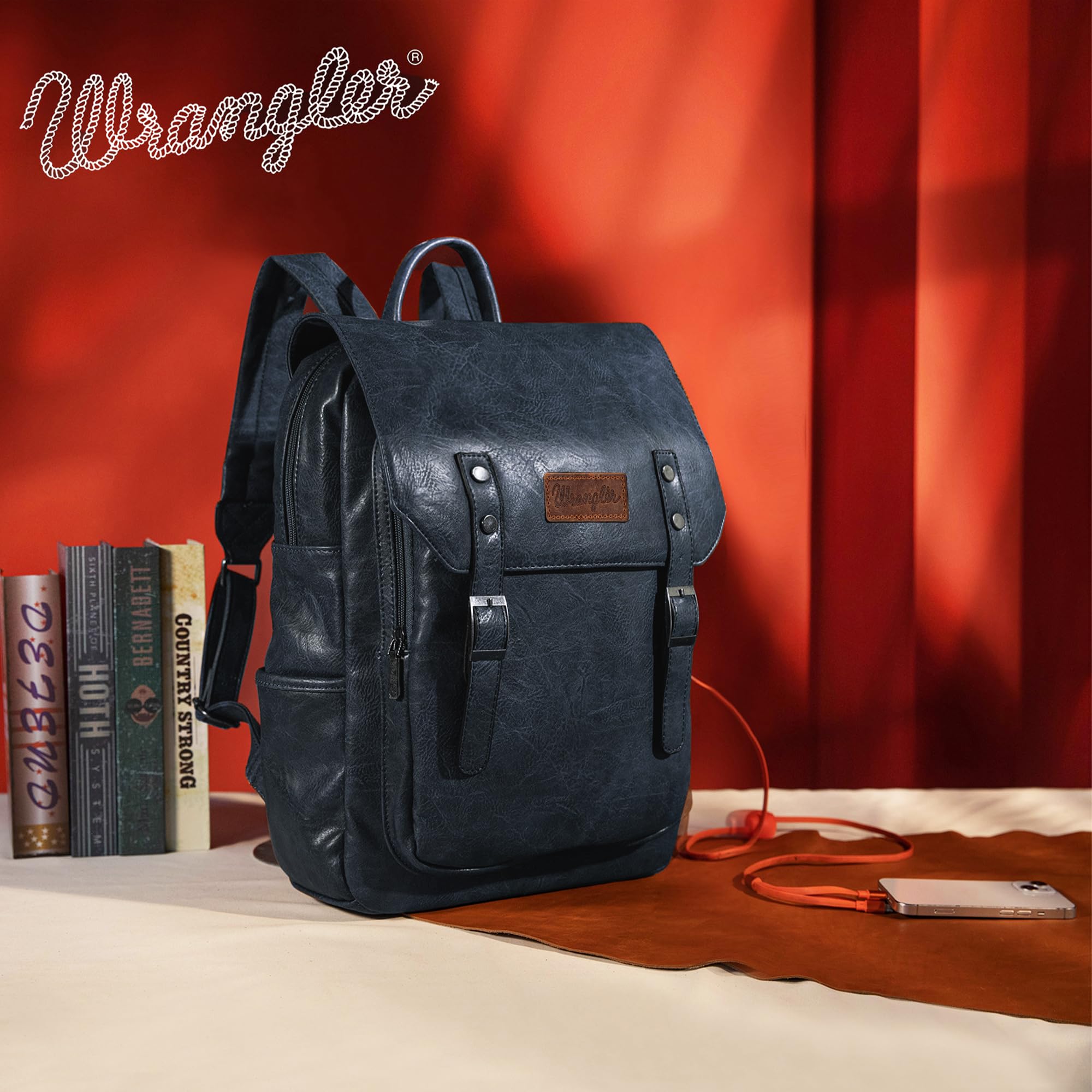 Wrangler Vegan Leather Laptop Backpack for Women & Men - Navy Blue College & Travel Backpack for Work, School, Commuting & Outdoor Adventures