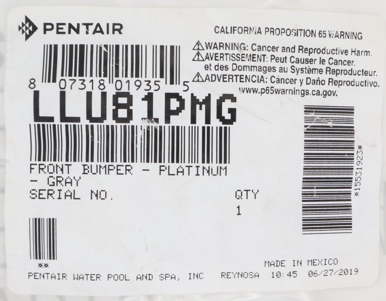 Pentair Legend Gray Front Bumper LLU81PMG - Heavy Duty Replacement Bumper for Pool Cleaners | Durable & Weather-Resistant | Perfect for In-Ground Pool Maintenance & Repair