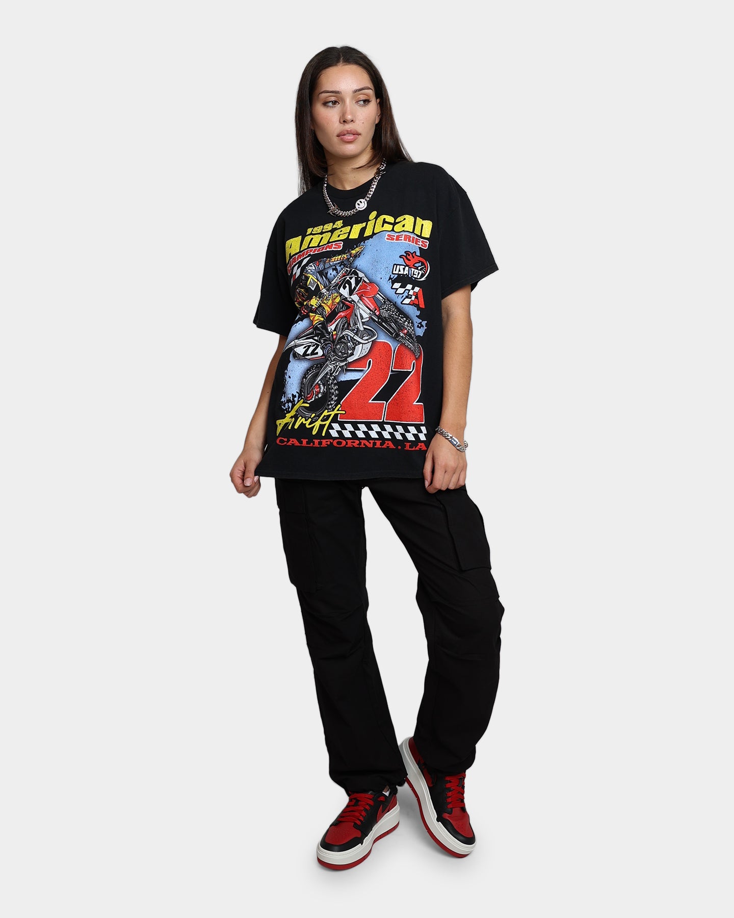 Vintage American Thrift Dirt Bike Graphic T-Shirt - Off Black | Motorcycle Enthusiast Apparel for Riding & Casual Wear