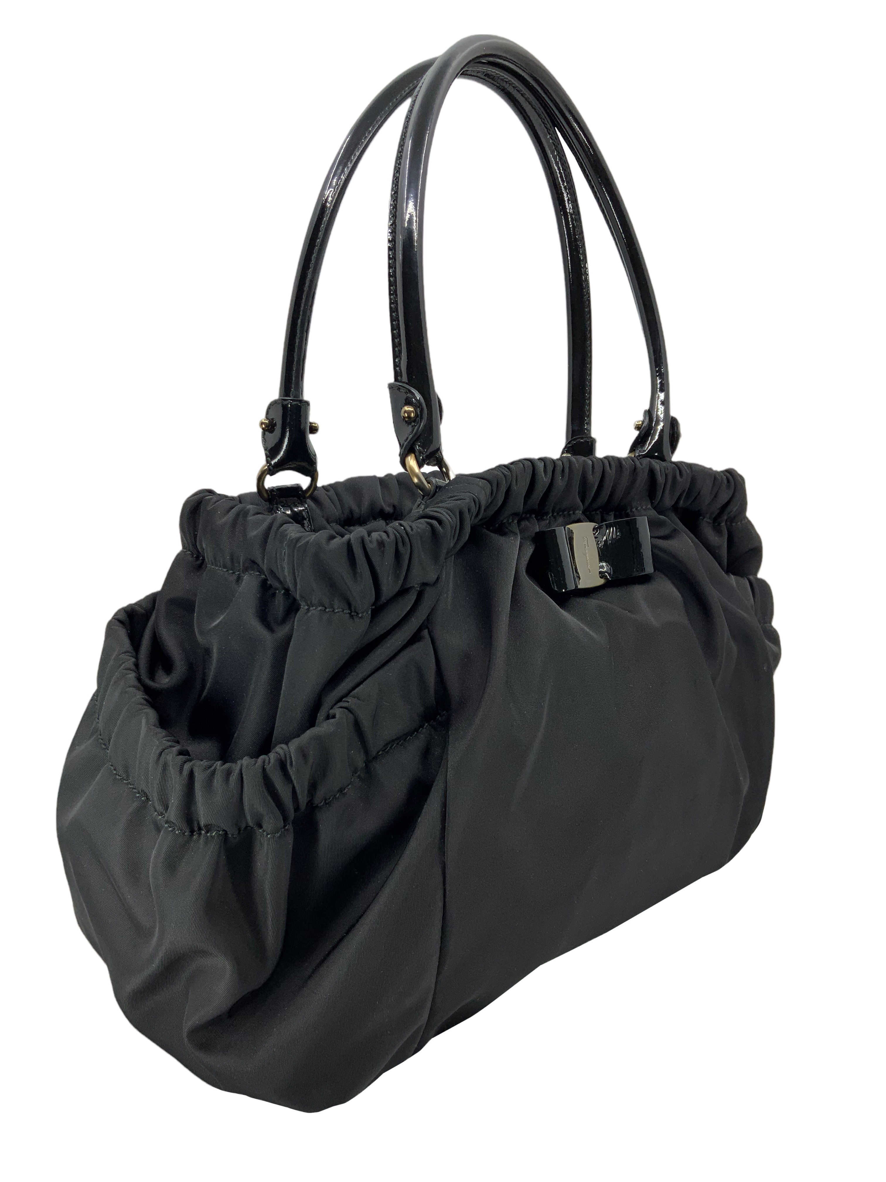 Salvatore Ferragamo Nylon Patent Leather Trim Vara Bow Tote Bag for Women | Luxury Designer Handbag for Work, Travel & Everyday Use