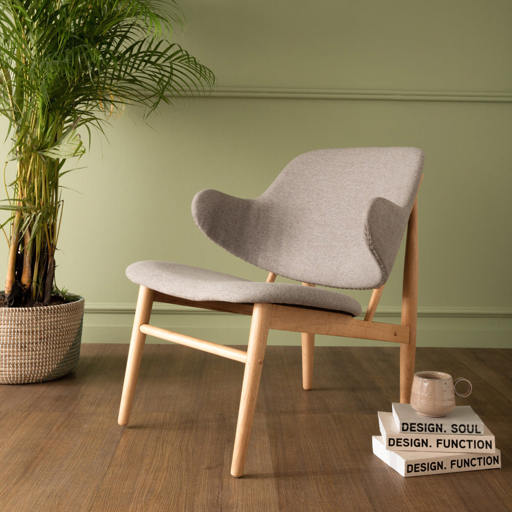 VERONIC Lounge Chair - Natural & Light Grey Fabric Upholstery - Modern Accent Chair for Living Room, Bedroom, or Office