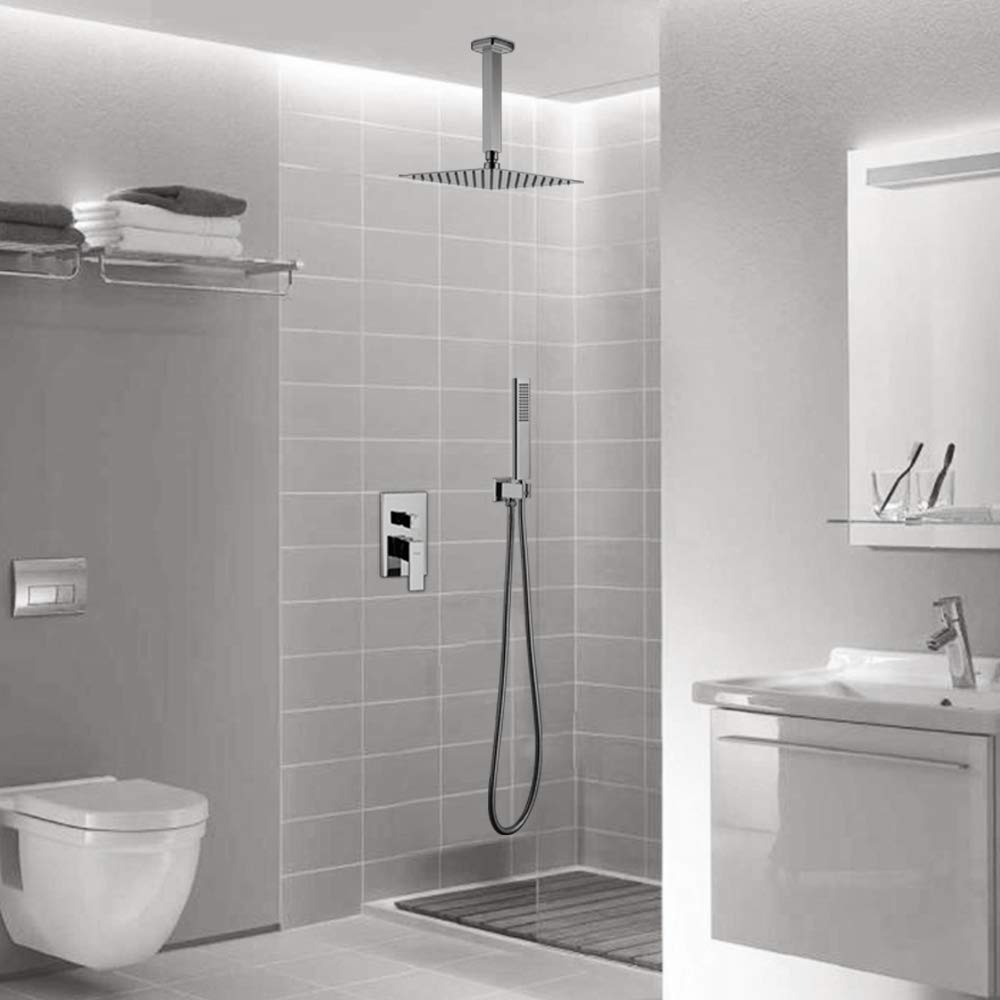 10 Inch Ceiling Mount Rain Shower System with Handheld - Polished Chrome Bathroom Shower Set Including Faucet Mixer, Rough-in Valve & Trim Kit - Perfect for Modern Spa-Like Showers and Luxurious Bathroom Upgrades