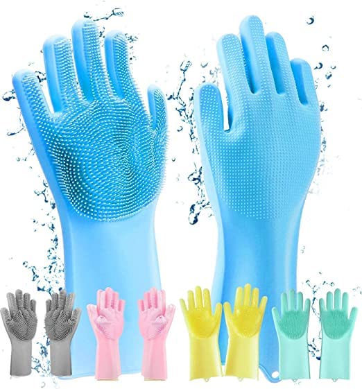 Heat Resistant Reusable Silicone Cleaning Gloves with Scrubber - Dish Washing, Kitchen Cleaning & Pet Hair Removal - 1 Pair Multicolor VR Brite Magic Gloves for Safe Cooking & Household Chores