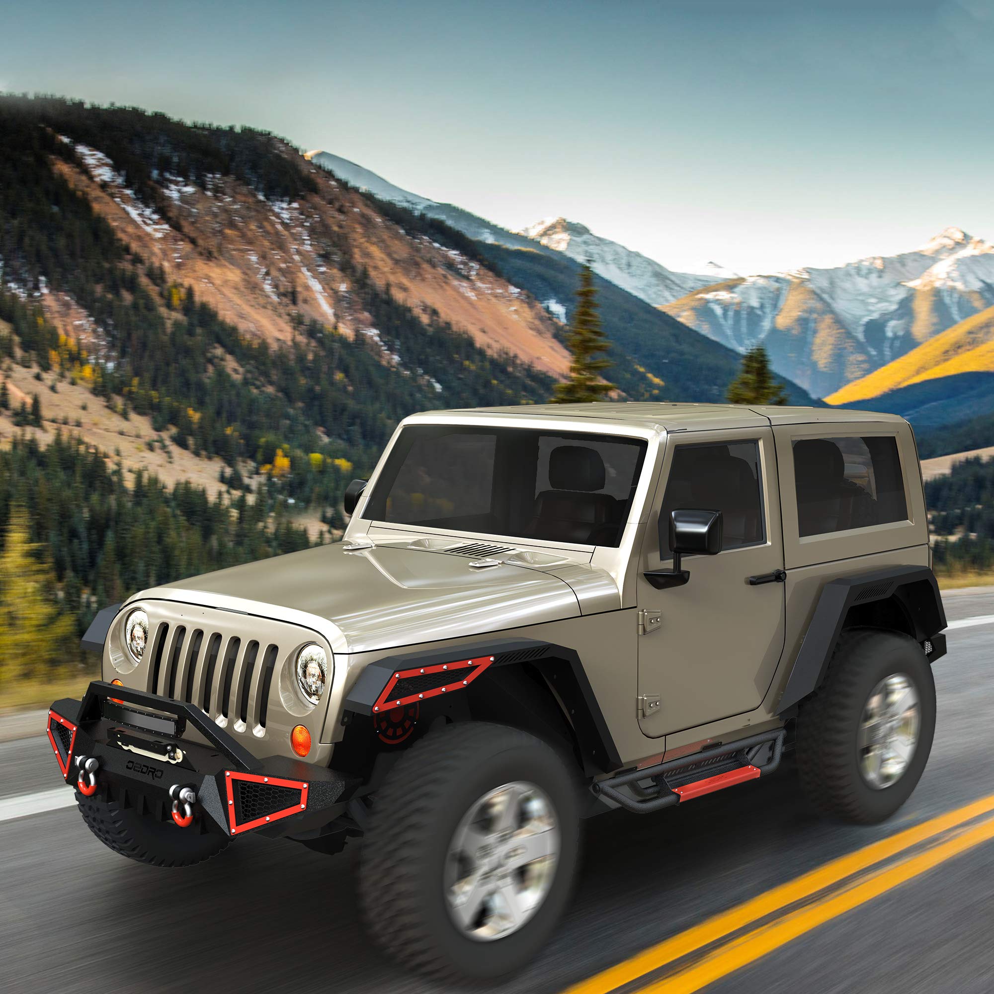OEDRO 6 Inch Running Boards for 2007-2018 Jeep Wrangler JK 2 Door - Steel Drop Side Steps with Red Paintable Step Plates | Heavy Duty Nerf Bars for Off-Road Adventure & Daily Driving | Perfect for Trail Riding, Camping & Urban Commuting