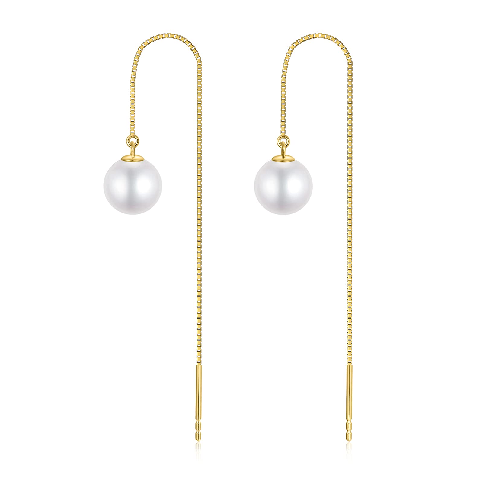 14Kt Solid Gold Pearl Dangle Earrings for Women - Elegant Freshwater Cultured Pearl Threader Drop Earrings with Durable Gold Box Chain | Perfect Gift for Her, Birthday, Anniversary & Special Occasions