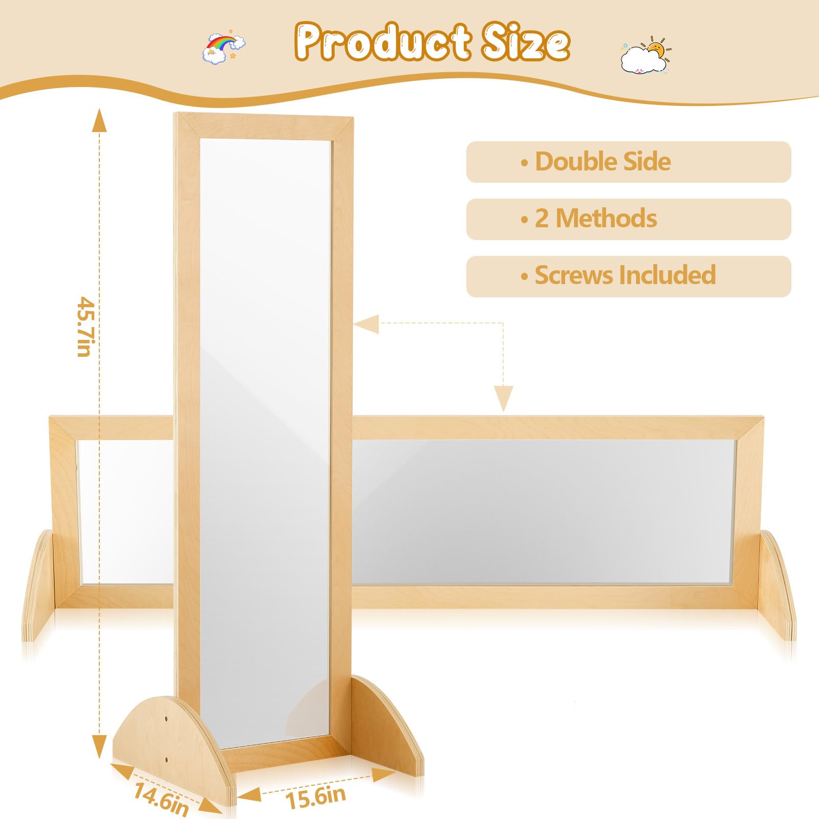 Double-Sided Bi-Directional Montessori Baby Mirror – Shatterproof Acrylic Non-Glass Infant Toddler Learning Mirror with Wooden Frame for Early Walking Development | Safe Nursery Decor & Playroom Activity