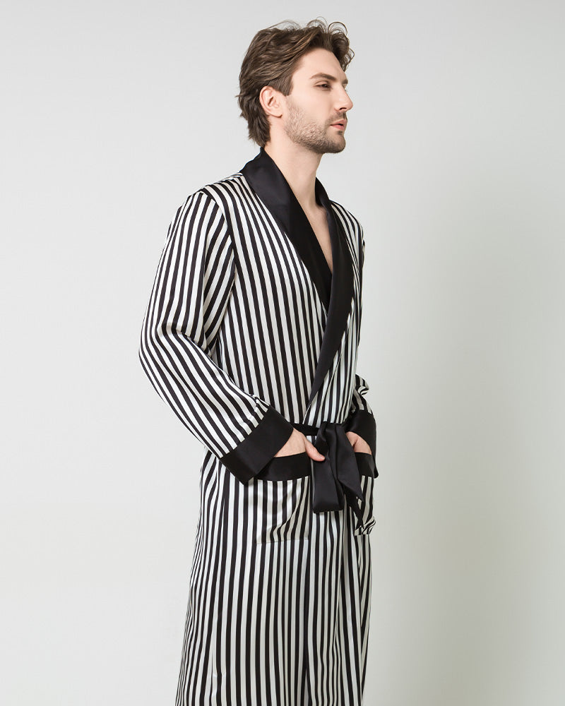 Silk Men's Striped Long Robe and Pajama Set - Luxurious Sleepwear for Relaxation at Home