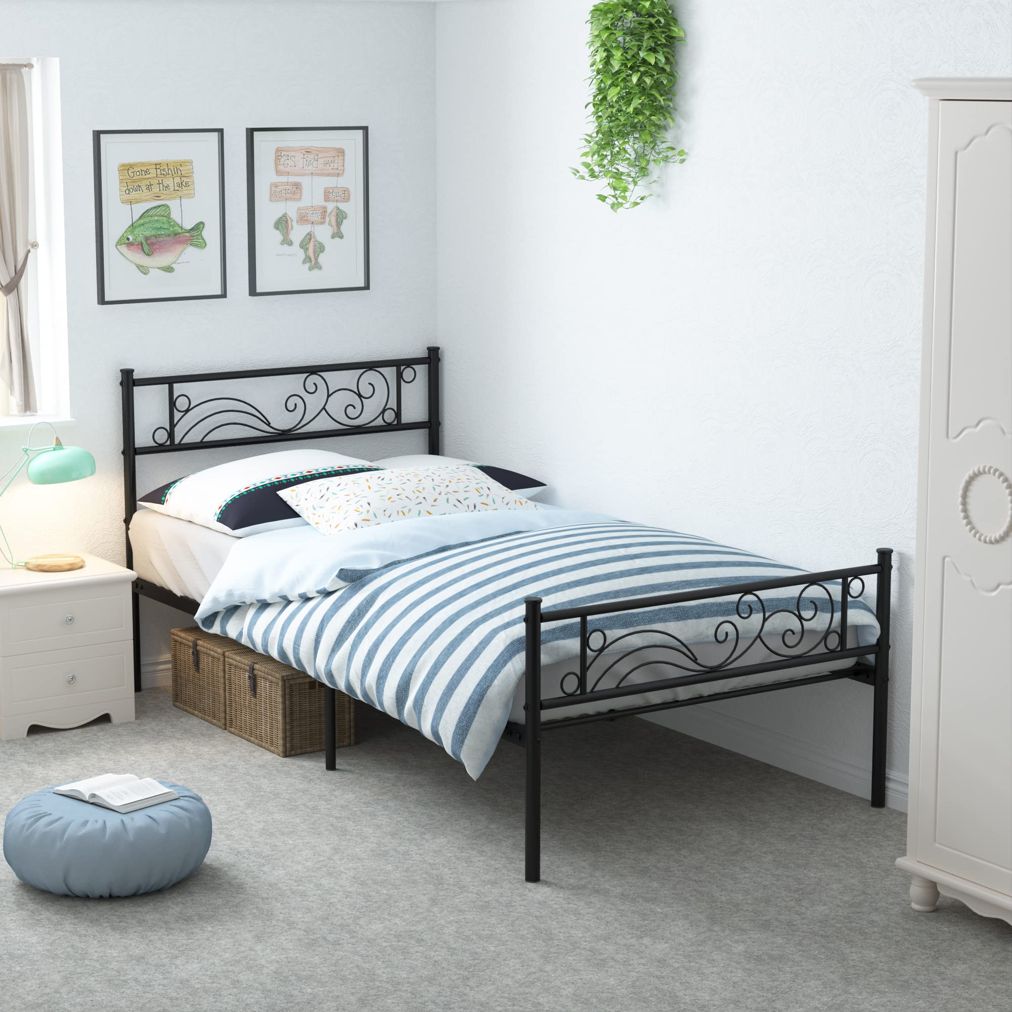 Heavy Duty Metal Twin Bed Frame with Storage & Headboard - Black for Small Spaces
