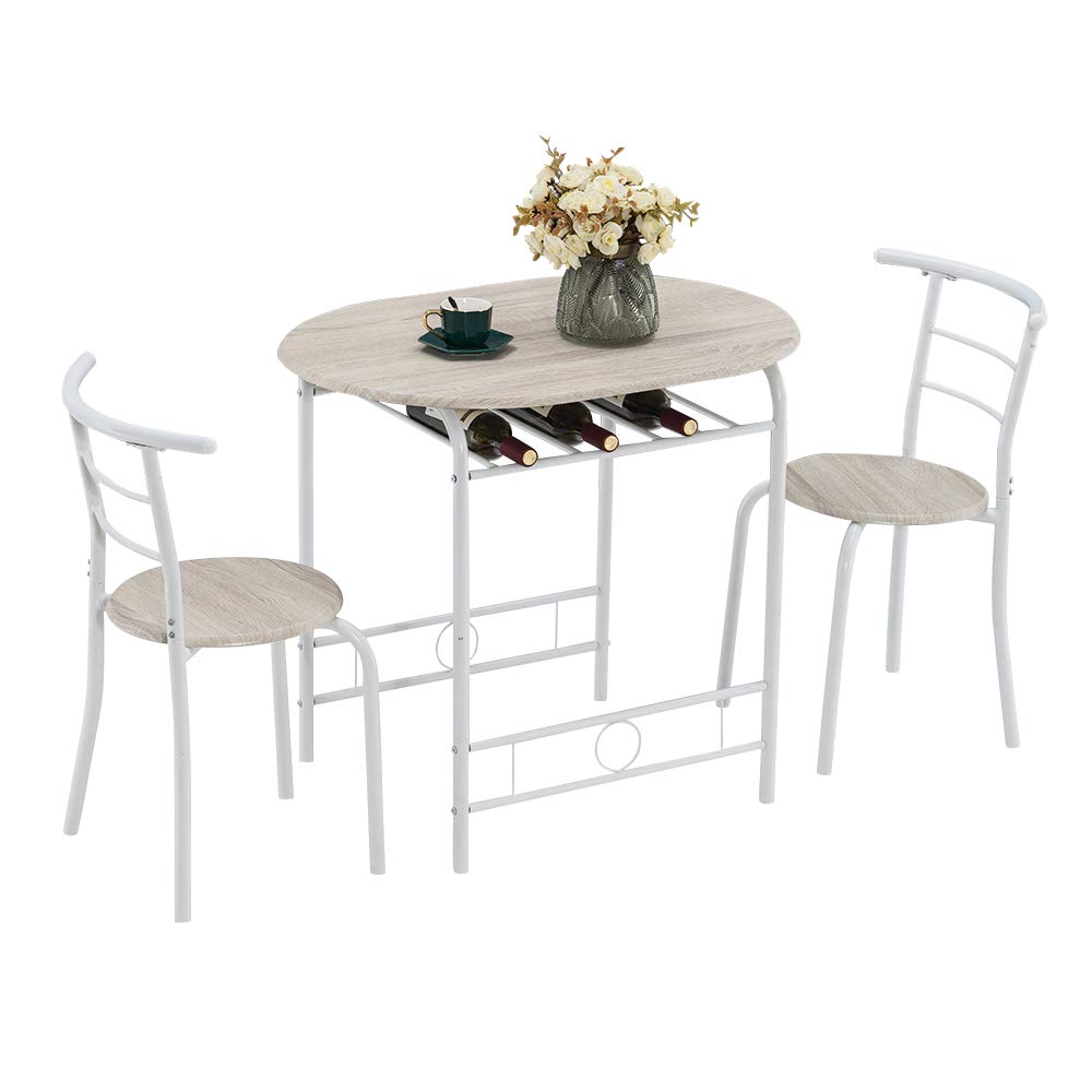 3 Piece Kitchen Table Set - Compact Dining Table with Wine Rack & 2 Metal Frame Chairs, Easy to Clean & Portable - Perfect for Small Spaces, Apartments, Breakfast Nooks & Outdoor Dining (Oak White)