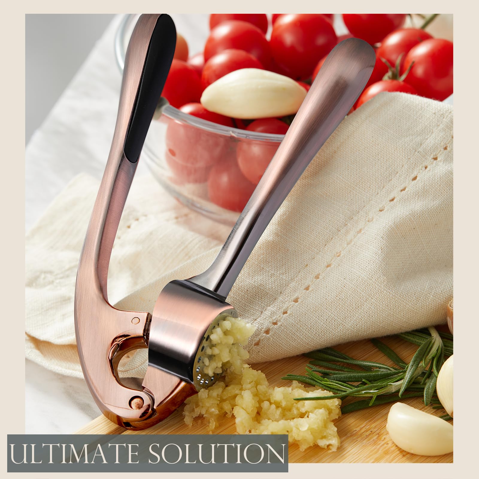 Premium Stainless Steel Garlic Press - Professional Garlic Mincer & Ginger Crusher - Easy Squeeze & Clean - Rust Proof & Dishwasher Safe - Antique Copper Finish - Perfect for Cooking, Meal Prep & Restaurant Use