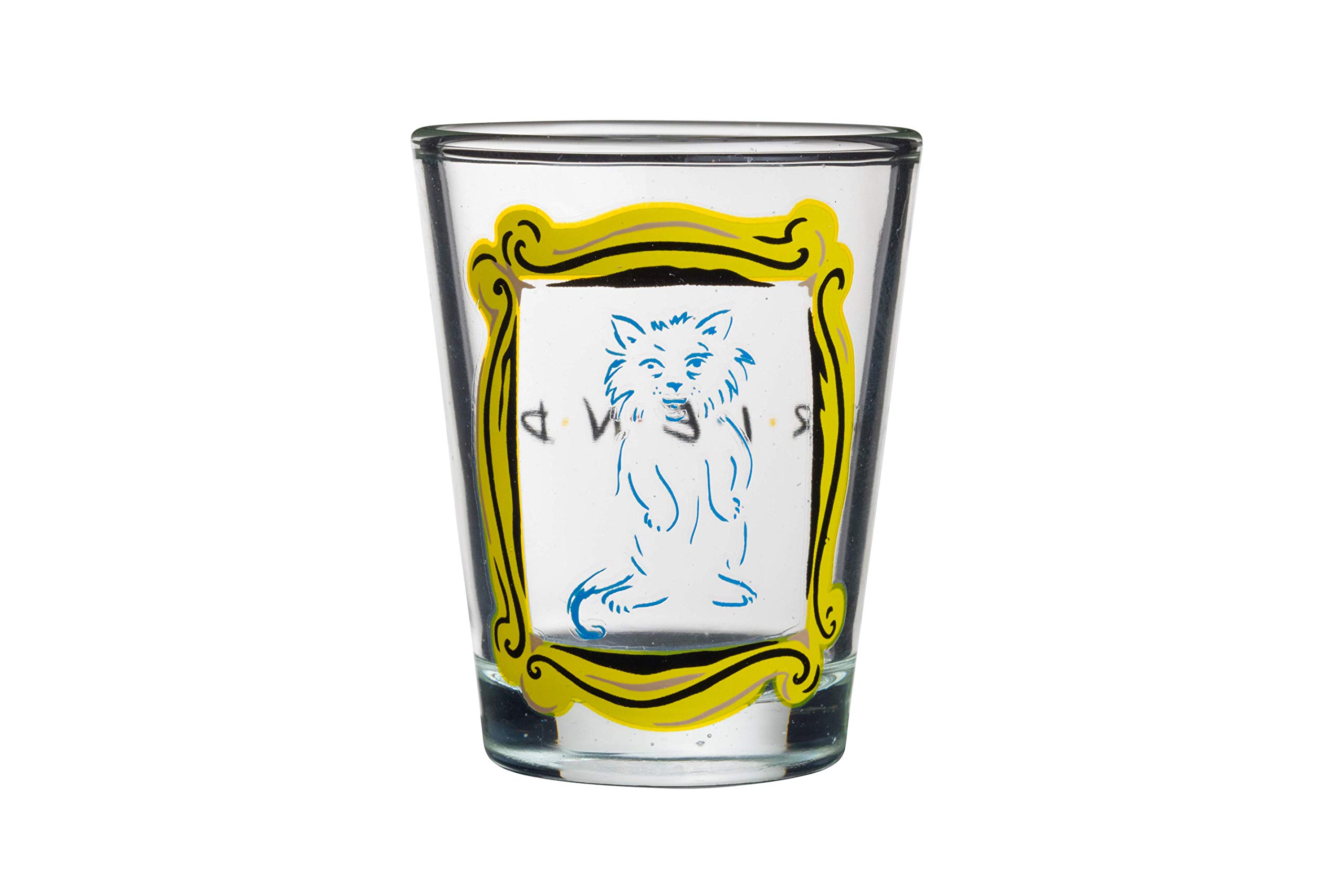 Friends TV Show Mini Glasses 4-Pack – Iconic Lobster, Smelly Cat, Regina Phalange & Central Perk Couch Designs in Yellow Frame (1.5 oz) – Perfect for Themed Parties, Collectibles & Fan Gifts