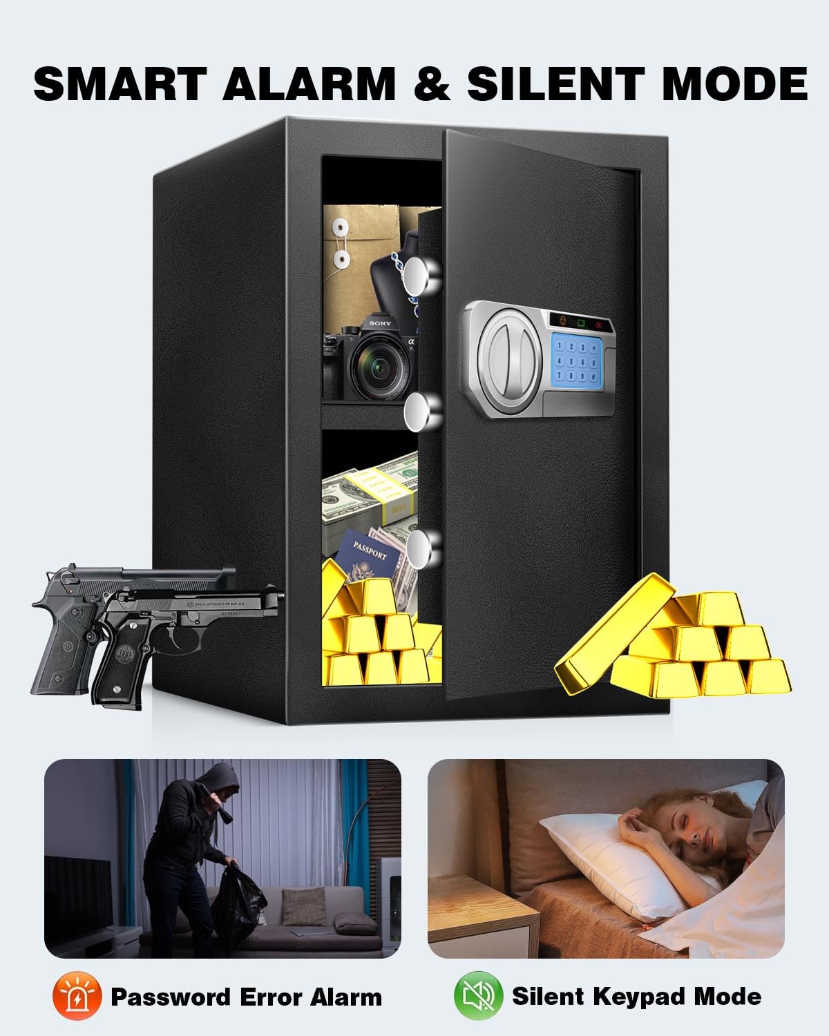 2.5 Cu Ft Steel Electronic Digital Safe Box with LED Sensor Light & External Power - Home & Office Security for Documents, Money, Jewelry & Valuables - Ideal for Bedroom, Closet & Business Use