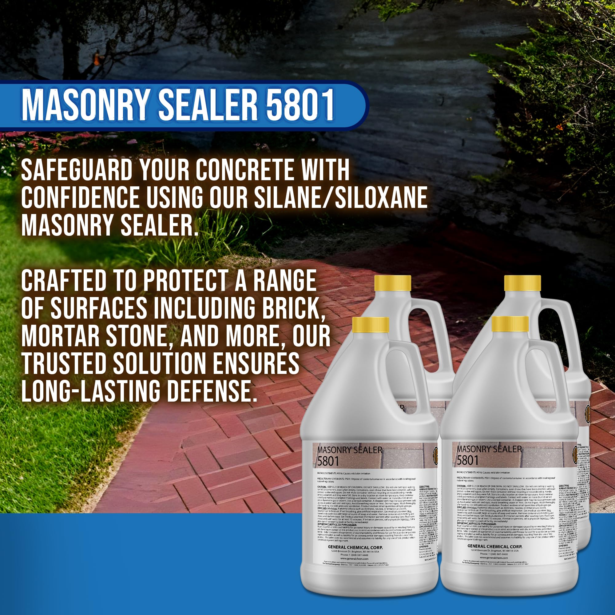 DeckGeneral Masonry Sealer 5801 - 4 Gallon Clear Silane Siloxane Concrete Sealant | Waterproof Protective Coating for Stone, Brick, Mortar, Driveways, Sidewalks & Patios | Ideal for Outdoor Surfaces, Weatherproofing & Long-Lasting Protection