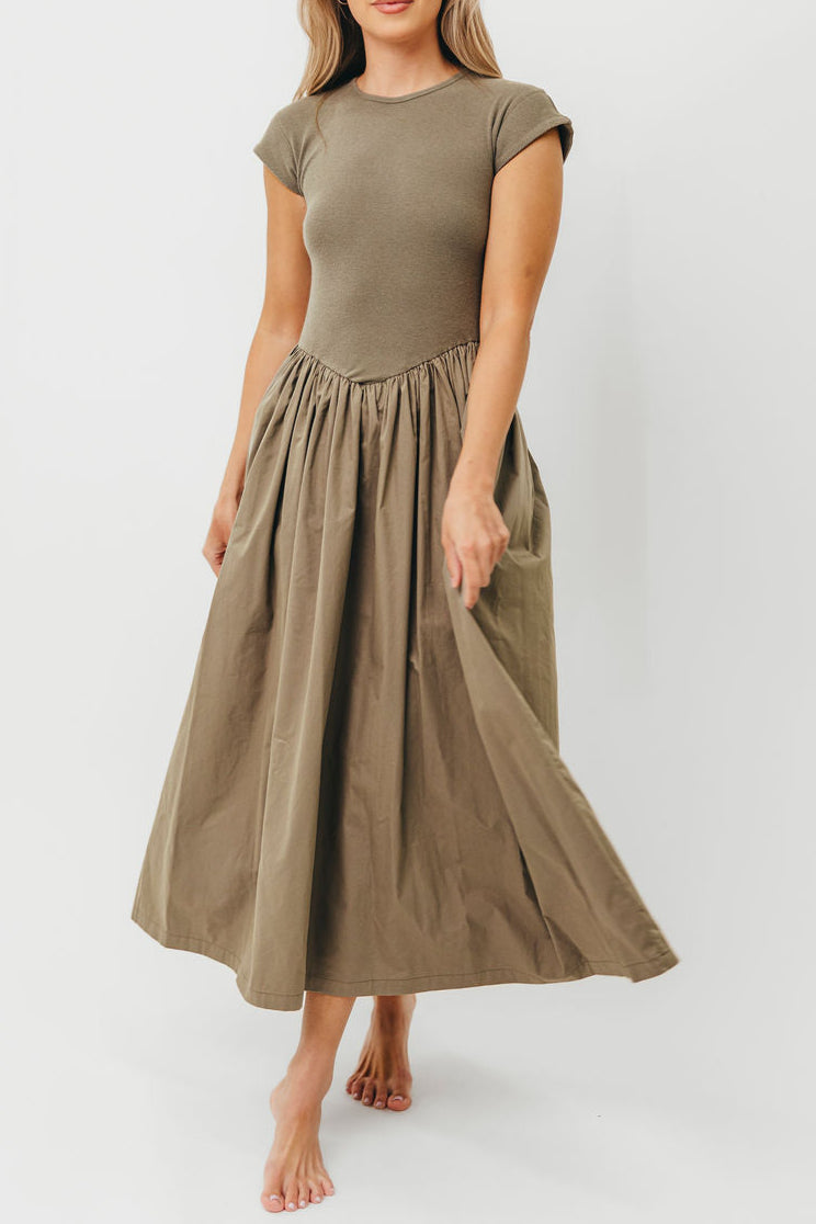 Dolores Olive Rib and Woven Skirt Combo Dress for Women | Elegant Casual Outfit for Parties, Dates & Office Wear