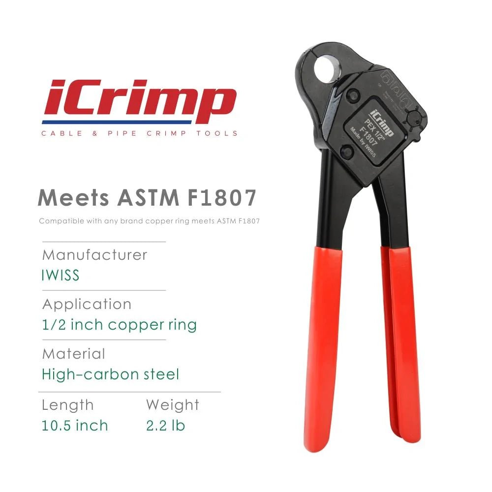 Angled Head PEX Pipe Crimping Tool for 1/2 inch Copper PEX Crimp Rings - Meets All US F1807 Standards - Perfect for Plumbing, HVAC, and Water Supply Installations