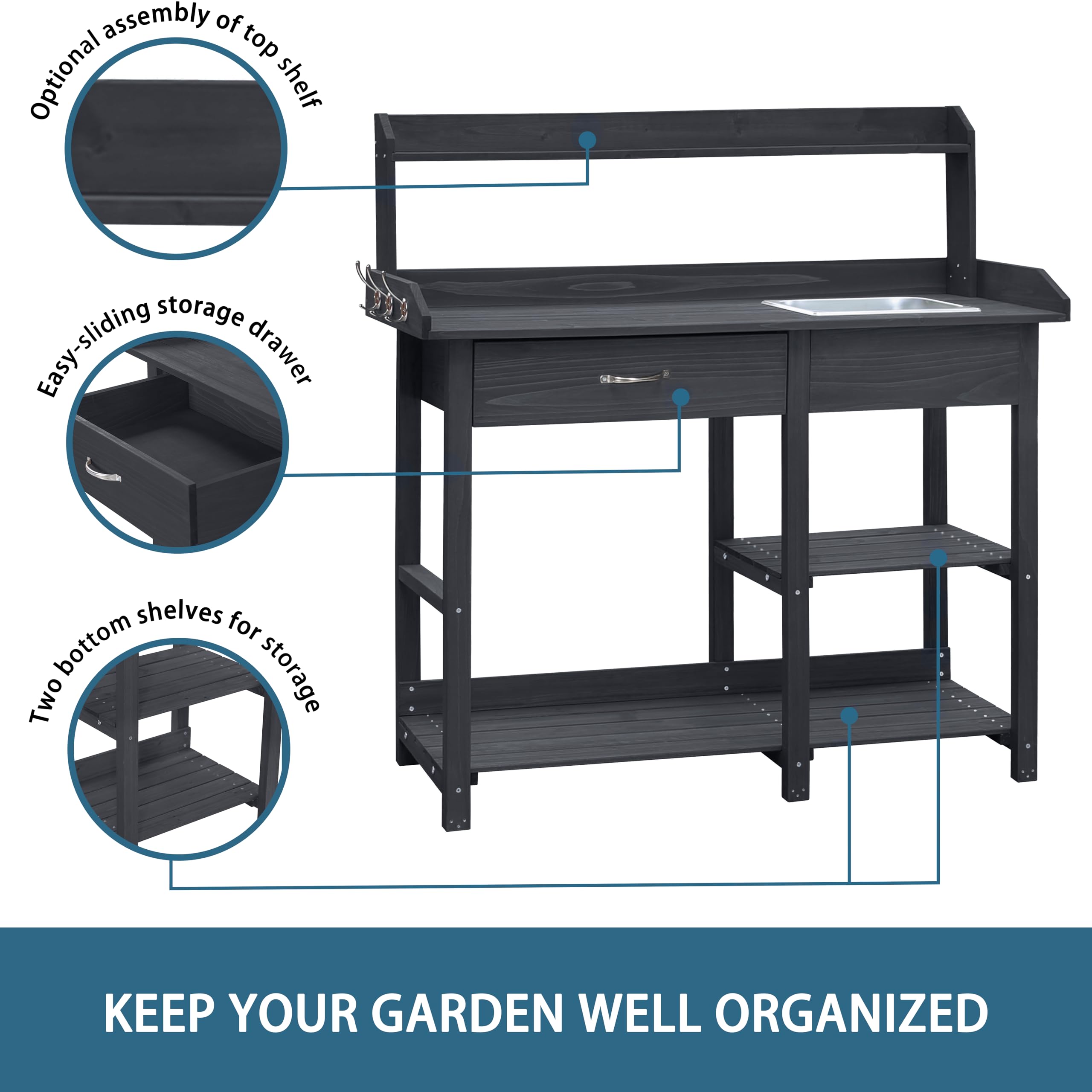 VEIKOU Outdoor Potting Bench with Removable Stainless Steel Sink, Side Hooks & Lower Shelves - Heavy Duty Garden Table for Planting, Gardening, Patio & Porch Use (Gray) - Perfect for Potting Plants, Organizing Tools & Outdoor Decor