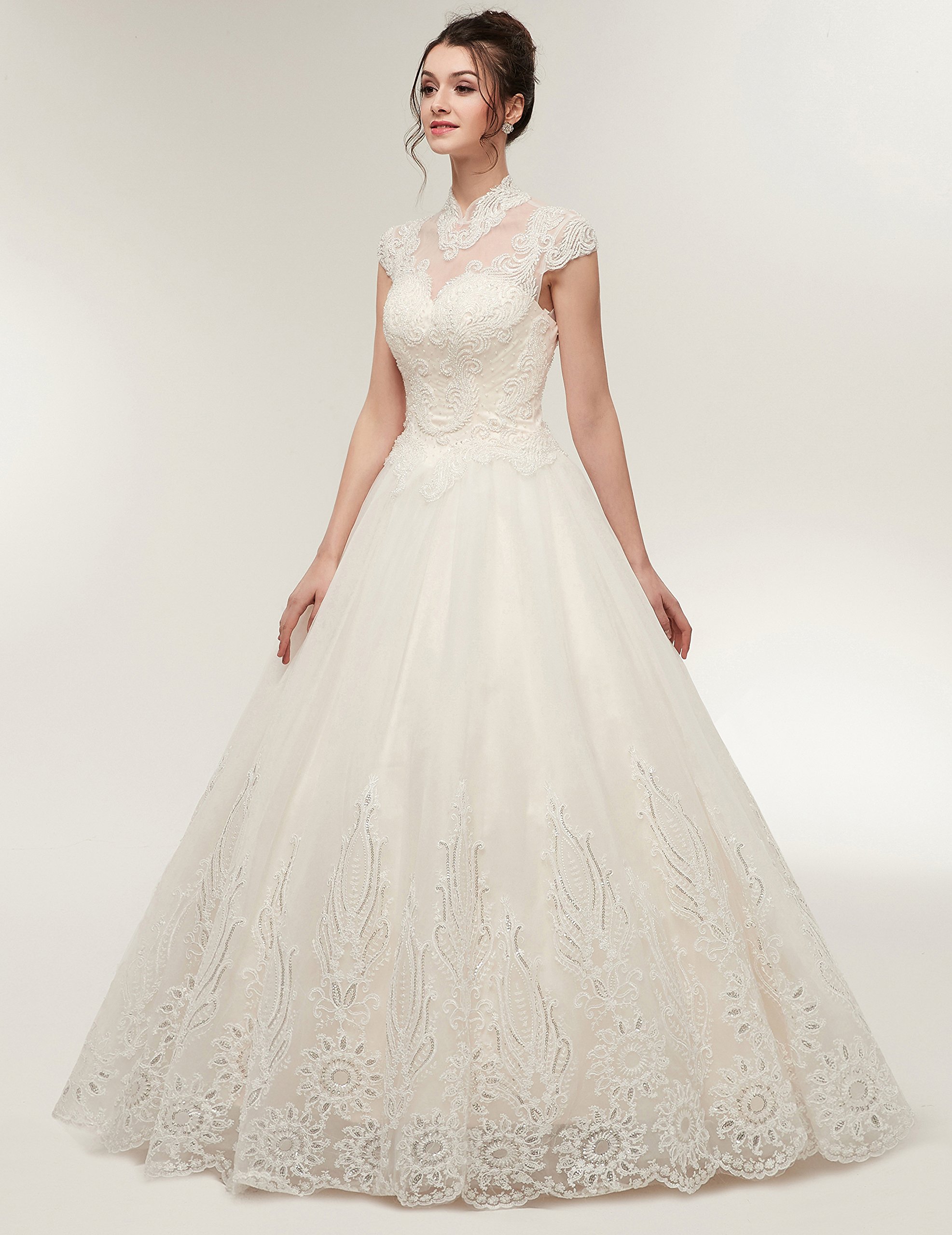 Elegant Beaded Sequins Applique Tulle Wedding Dress for Women - High Neck Bridal Gown for Church Ceremony, Ballroom Reception & Formal Occasions