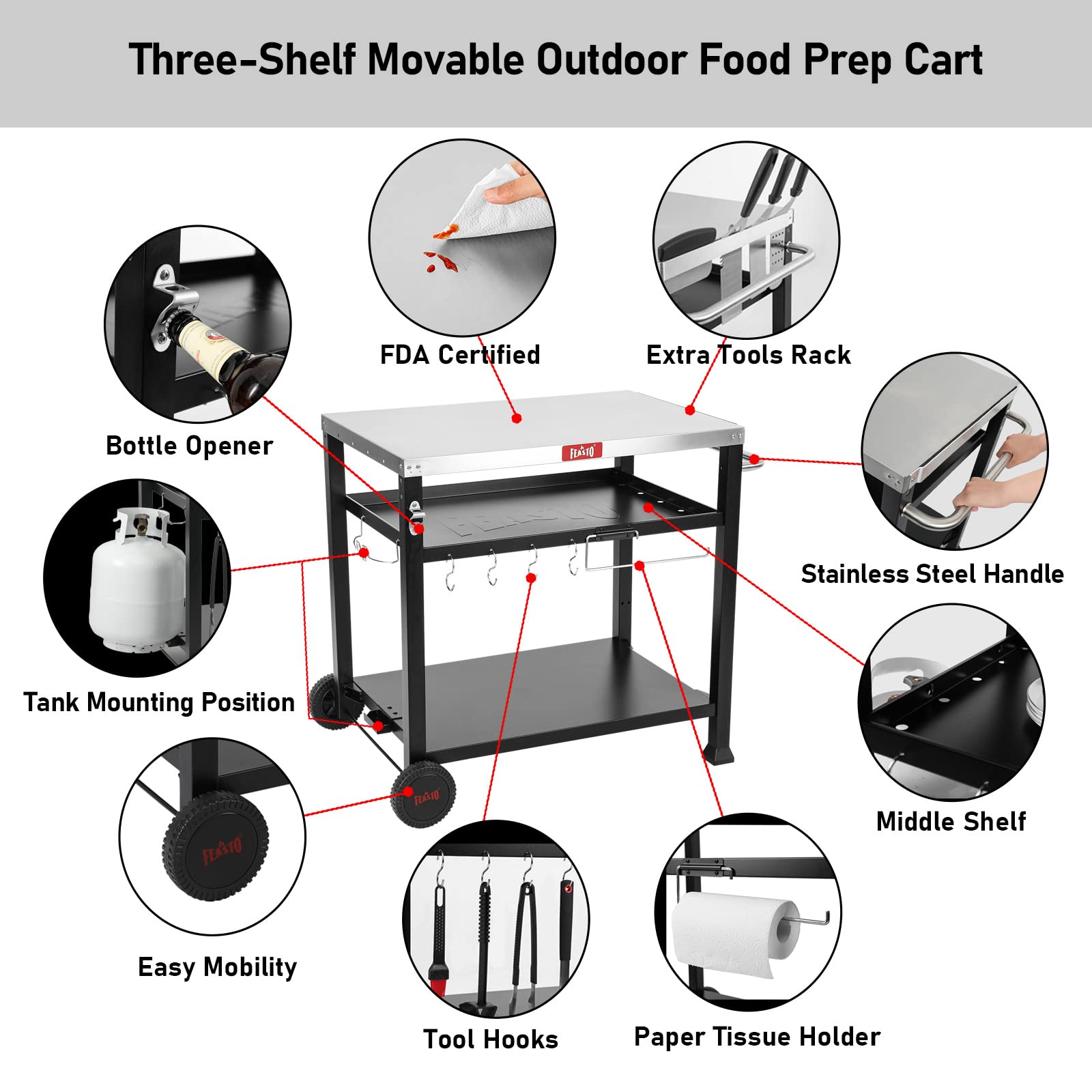 3-Shelf Outdoor Grill Table with Wheels - Portable Pizza Oven Stand for Ooni & Blackstone Griddle (33.5”x21.7”) - Heavy Duty Movable BBQ Cart for Indoor & Outdoor Cooking - Perfect for Backyard, Patio, Camping and Tailgating Parties