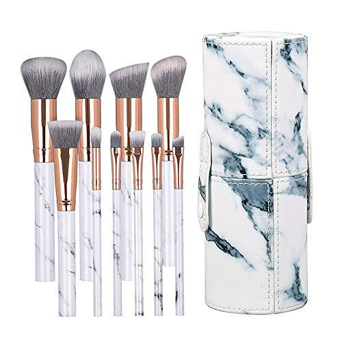 10-Piece Makeup Brush Set with Travel Cosmetic Organizer - Marble PU Leather Storage Cup with Lid - Includes Large Powder, Foundation & Concealer Brushes - Perfect for Travel, Home & Professional Makeup Application - Ideal Gift for Women & Girls (White)