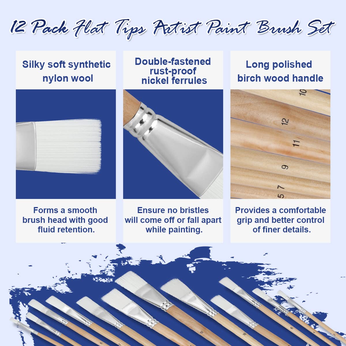 Artkey 12-Pack Professional Flat Tip Paint Brushes Set - Nylon Hair with Long Birchwood Handle for Acrylic, Oil, Watercolor, Gouache & Tempera - Perfect for Canvas Painting, Face Art & Nail Designs - Ideal for Artists, Beginners & DIY Craft Projects