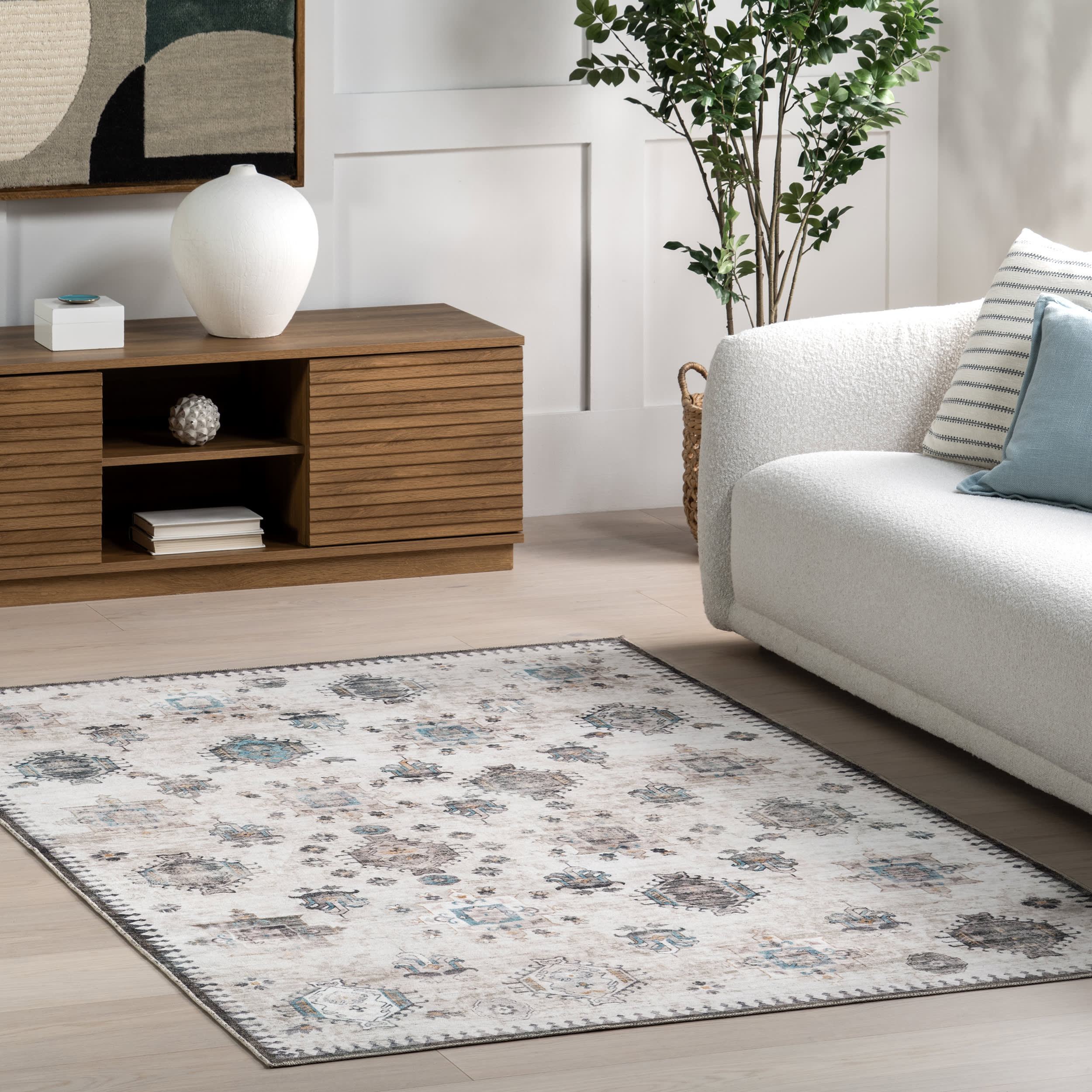 Brenda Hazy Heraldry Washable Rug - Ivory | Machine Washable Non-Slip Area Rug for Living Room, Bedroom, Nursery | Soft & Durable Home Decor