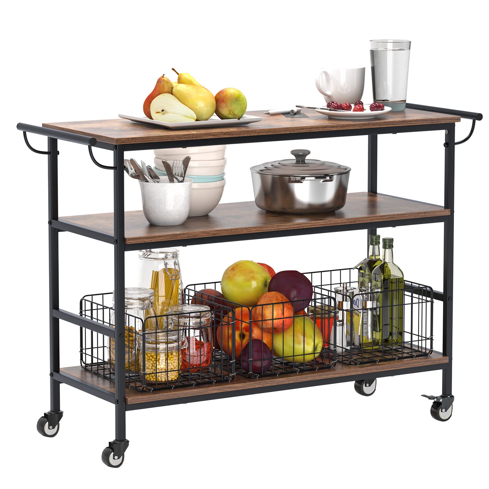 Soges 3-Tier Rolling Kitchen Island Cart with Wheels - 45.3 Inch Mobile Bar Cart with 3 Removable Baskets, Brake Casters & Towel Rack - Perfect for Kitchen Storage, Serving, and Entertaining