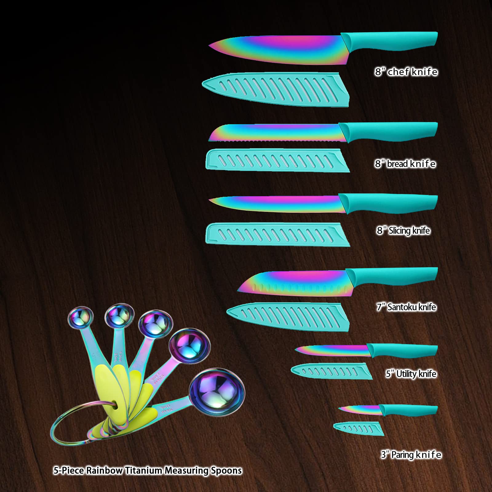 **17-Piece Marco Almond Stainless Steel Knife Set with Spoons & Blade Guards - Rainbow Color Kitchen Knives for Cooking, Baking & Meal Prep**