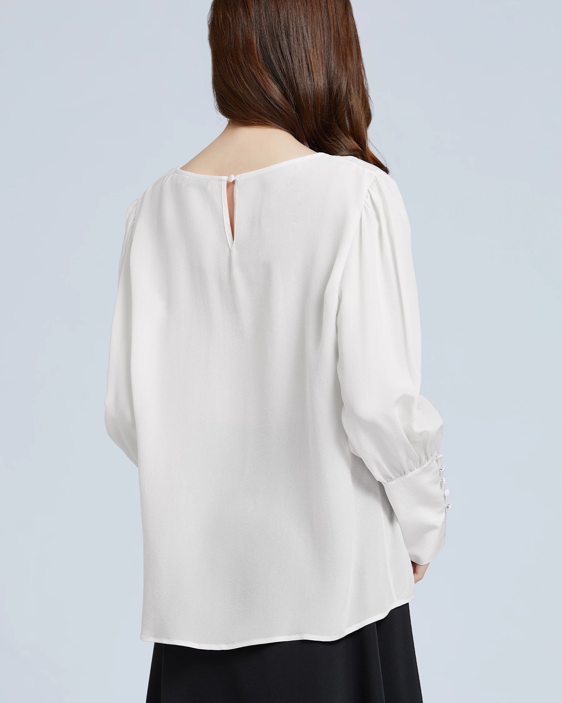 Women's Silk Blouse with Round Neck & Lantern Sleeves - Elegant Casual & Office Wear for Women