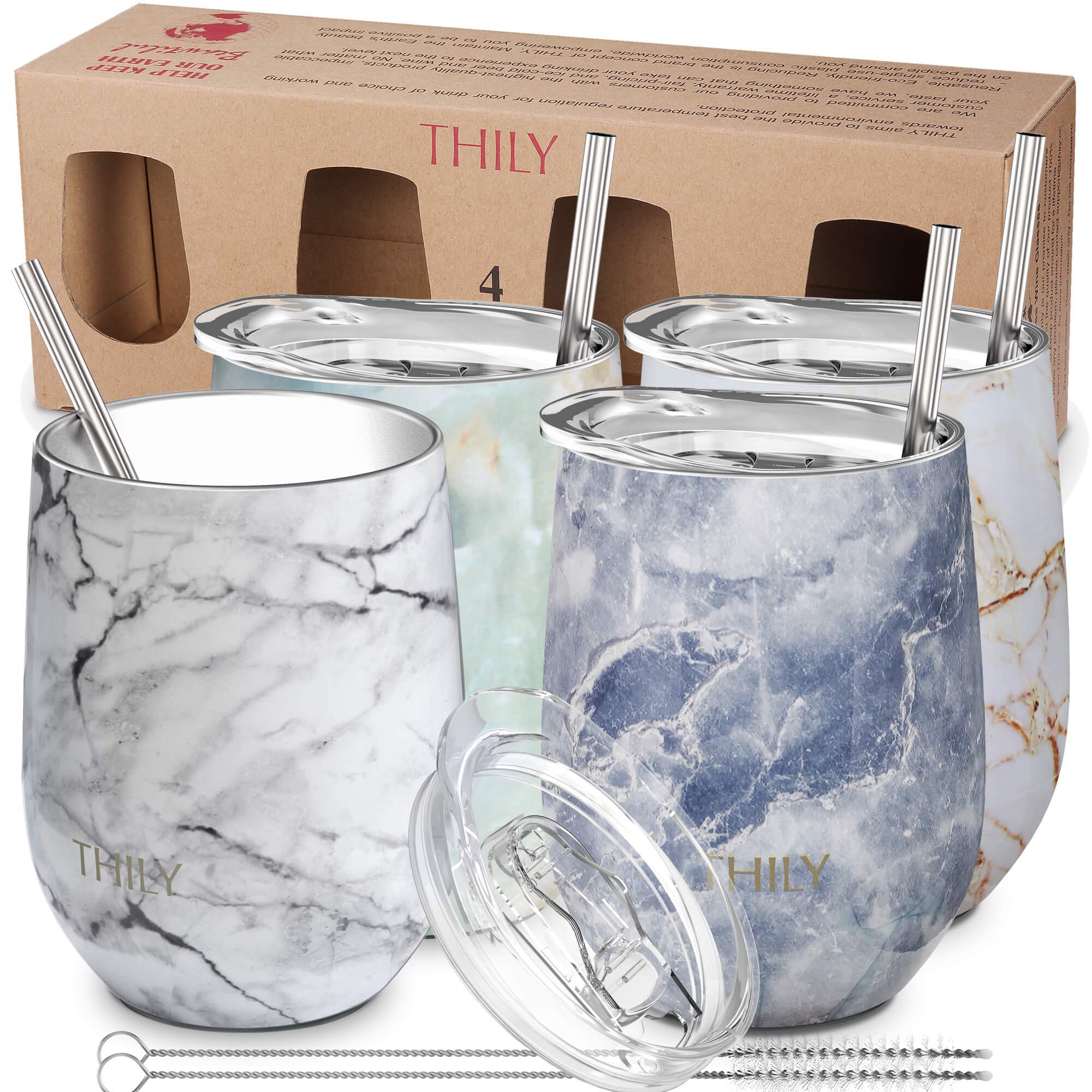 THILY 12 oz Stainless Steel Stemless Wine Tumbler 4 Pack - Vacuum Insulated Travel Wine Glasses with Sliding Lids & Straws, Keeps Drinks Cold for Juice, Coffee & Beer (4 Different Marble Colors) - Perfect for Picnics, Camping & Outdoor Parties
