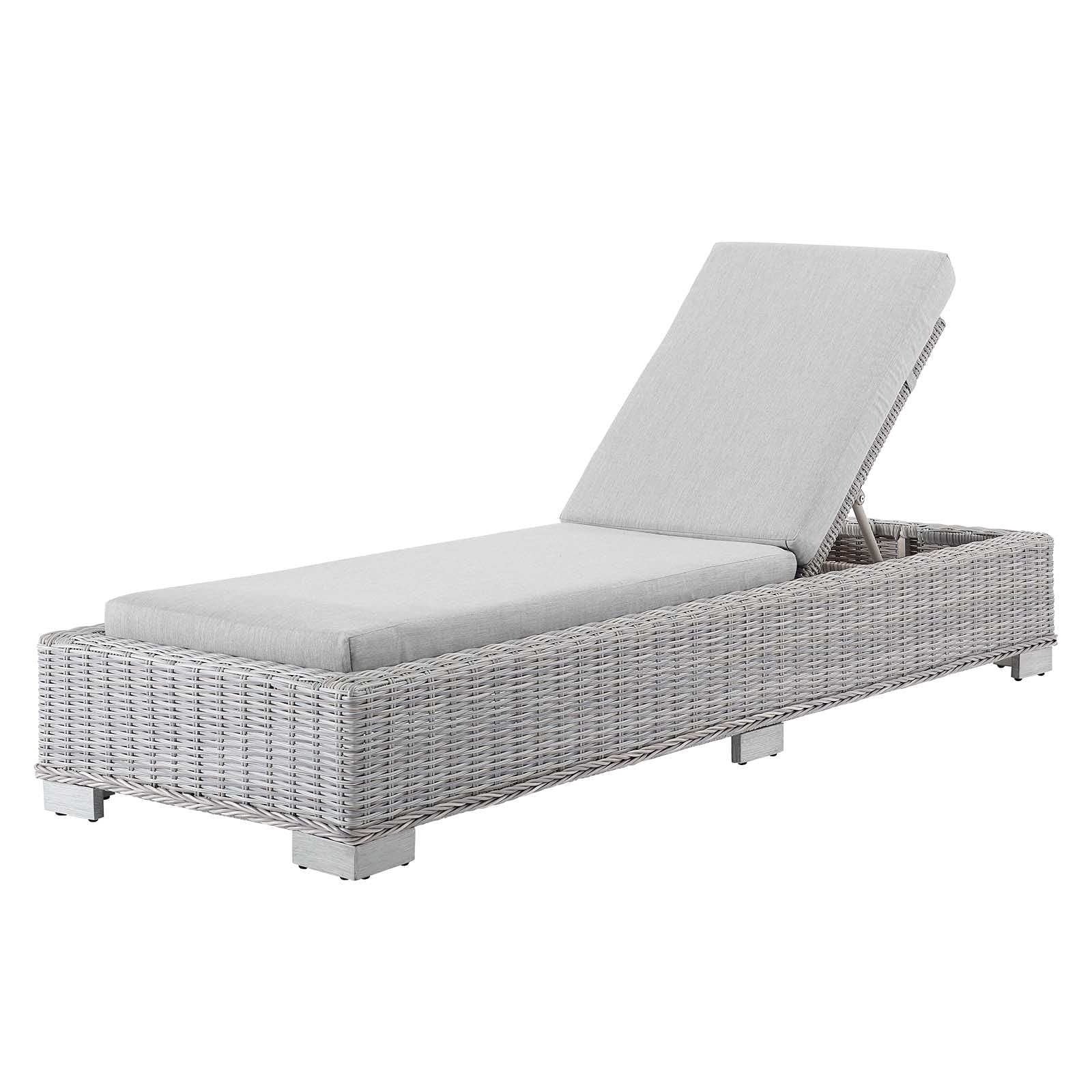Modern Grey Sunbrella Rattan Wicker Lounge Chair Chaise for Outdoor Patio, Balcony, Cafe, Bistro, and Poolside Relaxation