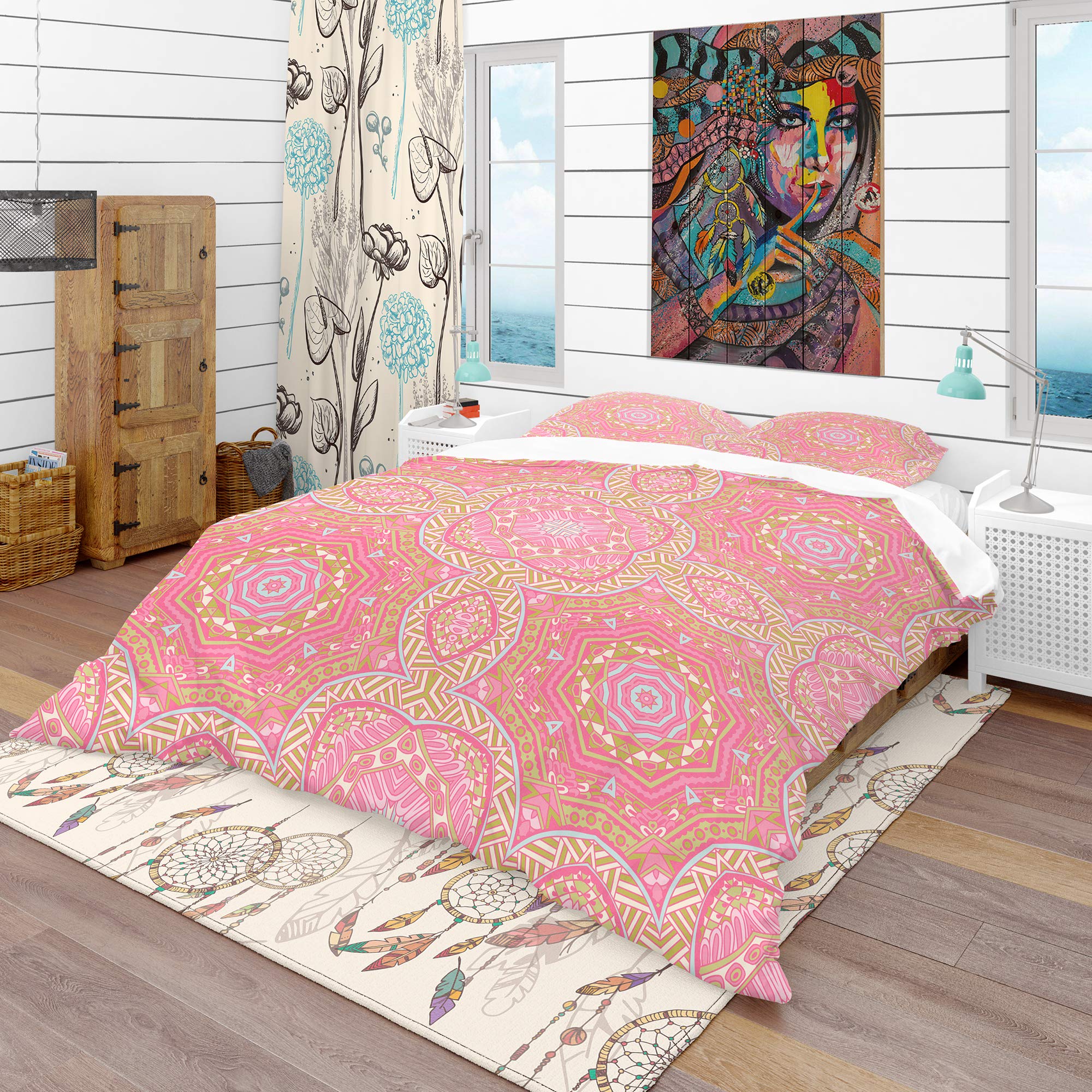 DesignQ 'Pink and Green Star Mandala' Bohemian & Eclectic Duvet Cover Set - Vibrant Printed Bedding for Boho Chic Bedroom Decor