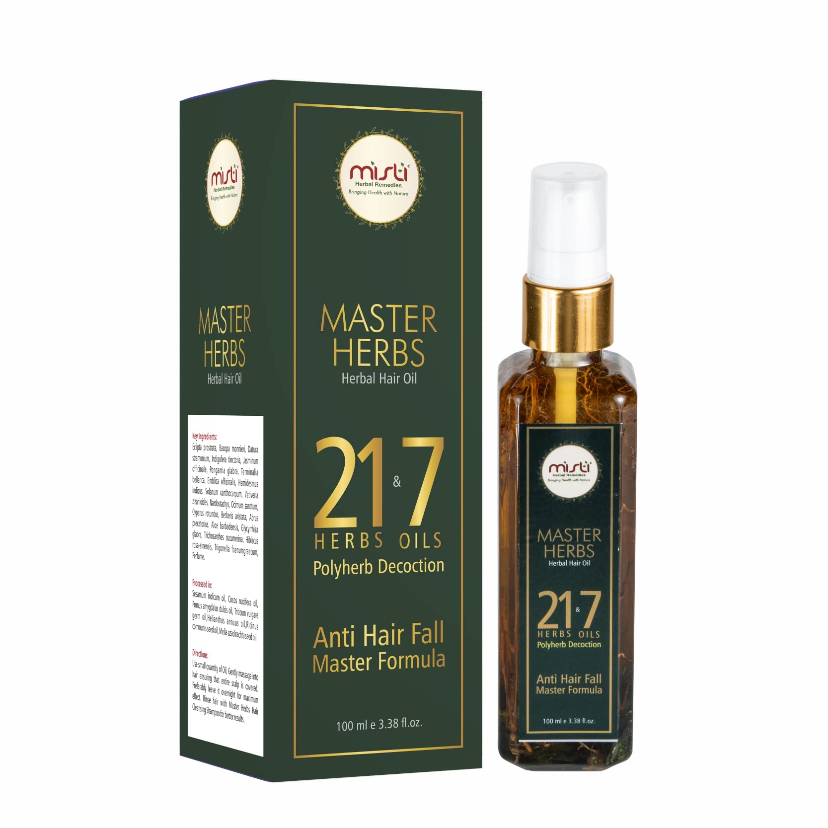 Misti Herbal Master Herbs Hair Oil - 100ml | Natural Hair Growth Treatment for Men & Women | Controls Hair Fall, Grey Hair & Dandruff | Nourishes Scalp & Strengthens Hair | With 21 Herbs & 7 Essential Oils | Perfect for Daily Hair Care, Styling & Revitalization