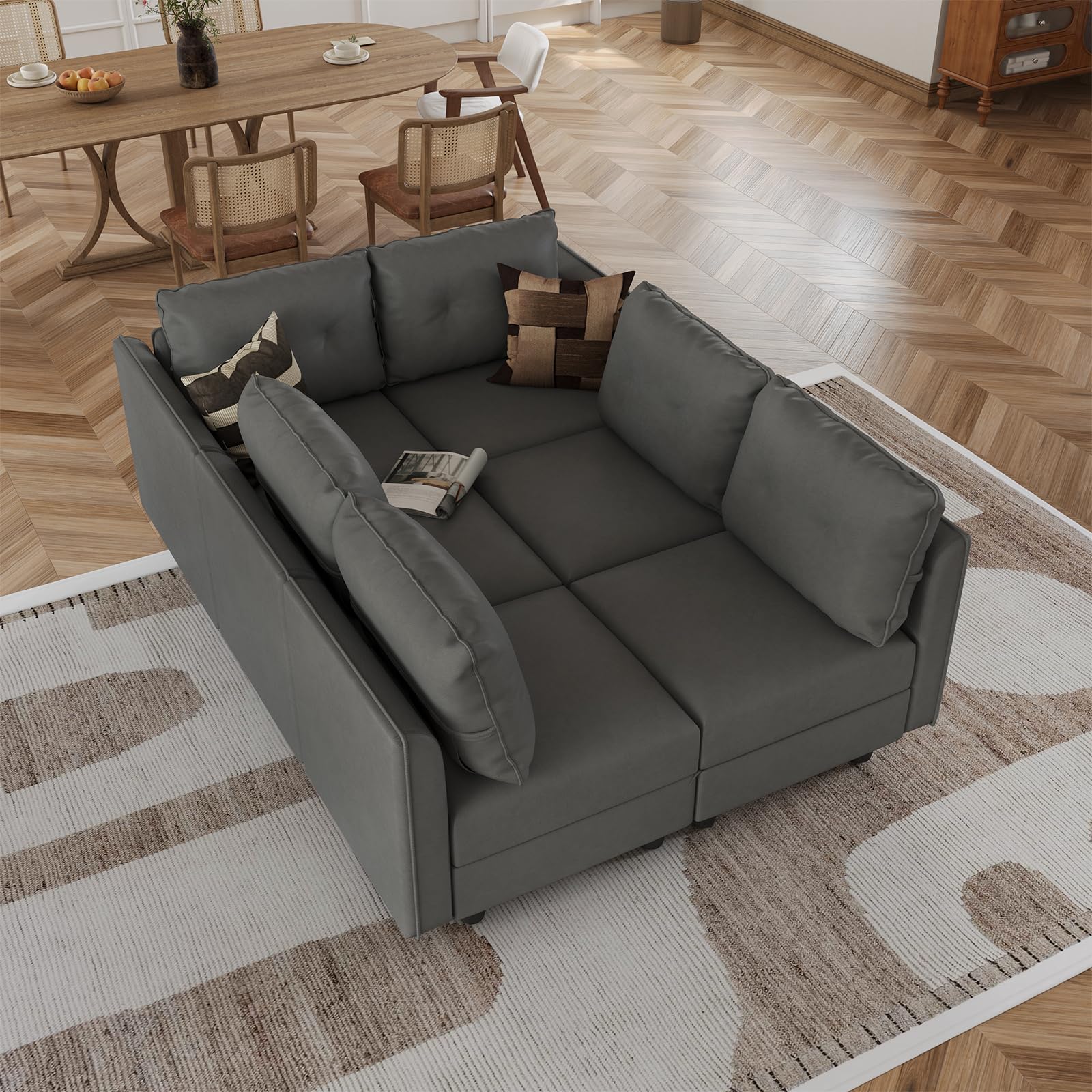 LLappuil 6-Seater Modular Sectional Sleeper Sofa with Storage - Faux Leather Fabric, Reversible Chaise, Dark Grey - Perfect for Living Room, Home Theater & Small Spaces