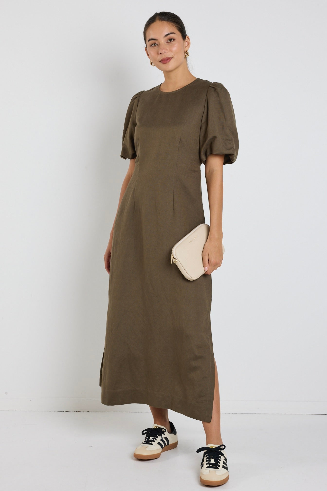Elder Khaki Linen Blend Puff Sleeve Midi Dress for Women | Summer Casual Boho Style Dress | Perfect for Beach Vacations, Brunch Dates & Outdoor Weddings