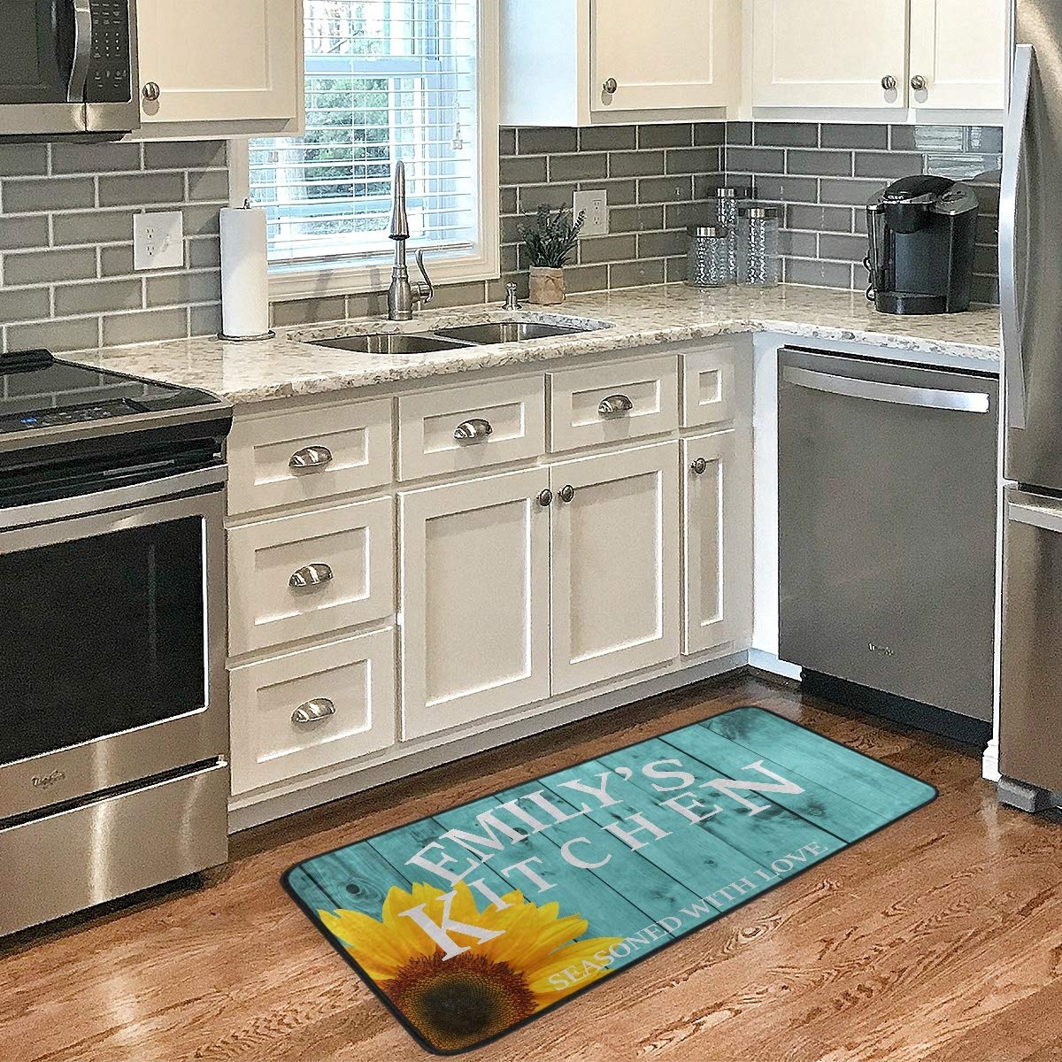 Emelivor Custom Kitchen Rug - Washable Non-Slip Anti-Fatigue Floor Mat with Teal Sunflower Design, Personalized Home Decor for Kitchen, Dining Room & Entryway - Perfect Gift for Housewarming & Holidays