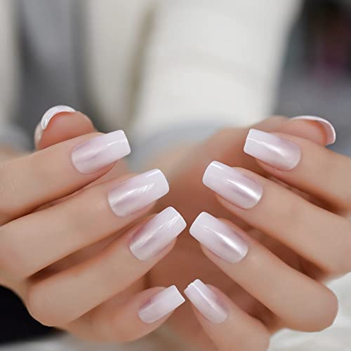 iBeautying Press on Nails - Pearl Pink French False Nails | UV Gel Full Cover Fake Nails with Gradient Ombre Design | Reusable 24-Piece Kit with Jelly Glue & 10 Sizes - Perfect for Weddings, Parties, and Everyday Glam