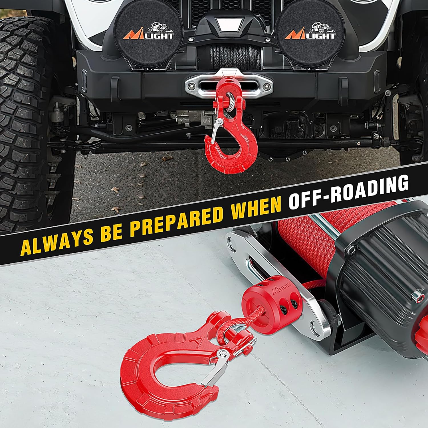 3/8 Inch Grade 70 Winch Hook with Safety Latch - Heavy Duty Red Powder Coated Steel - Perfect for Off-Road Recovery, Towing, and Marine Applications