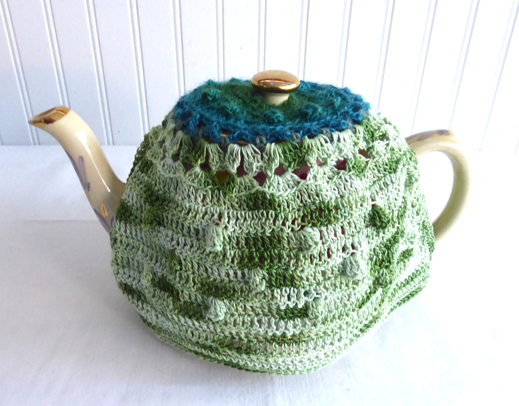Handmade Crocheted Tea Cozy - Teal & Green Heather Artisan Knit - Medium Stretchy Fit - Perfect for Teapots & Coffee Pots - US Crafted Cozy for Tea Time & Kitchen Decor