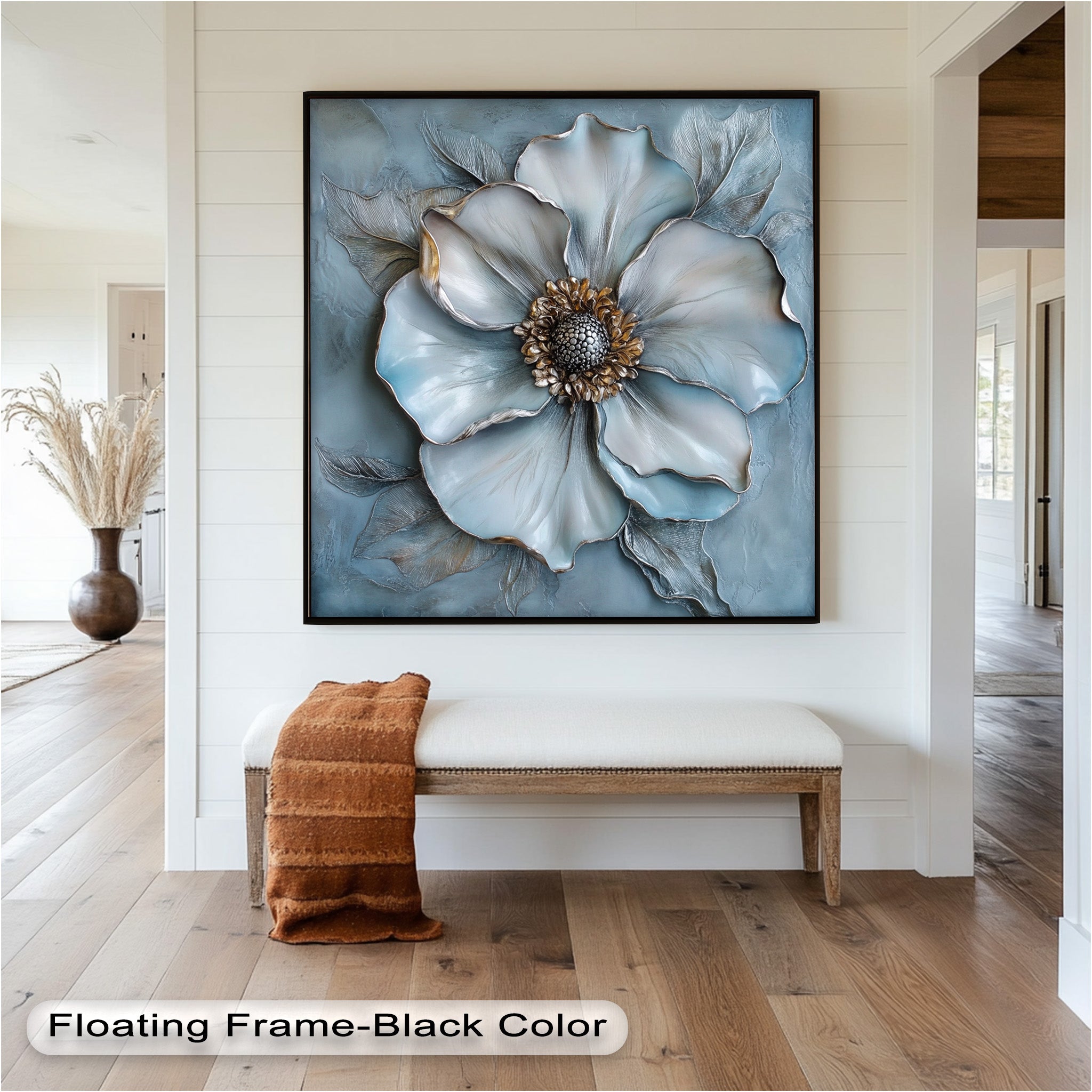 Blue Mist Bloom - Hand-Painted Sculptural Petal Flower Oil Painting Wall Art for Living Room, Bedroom & Office Decor