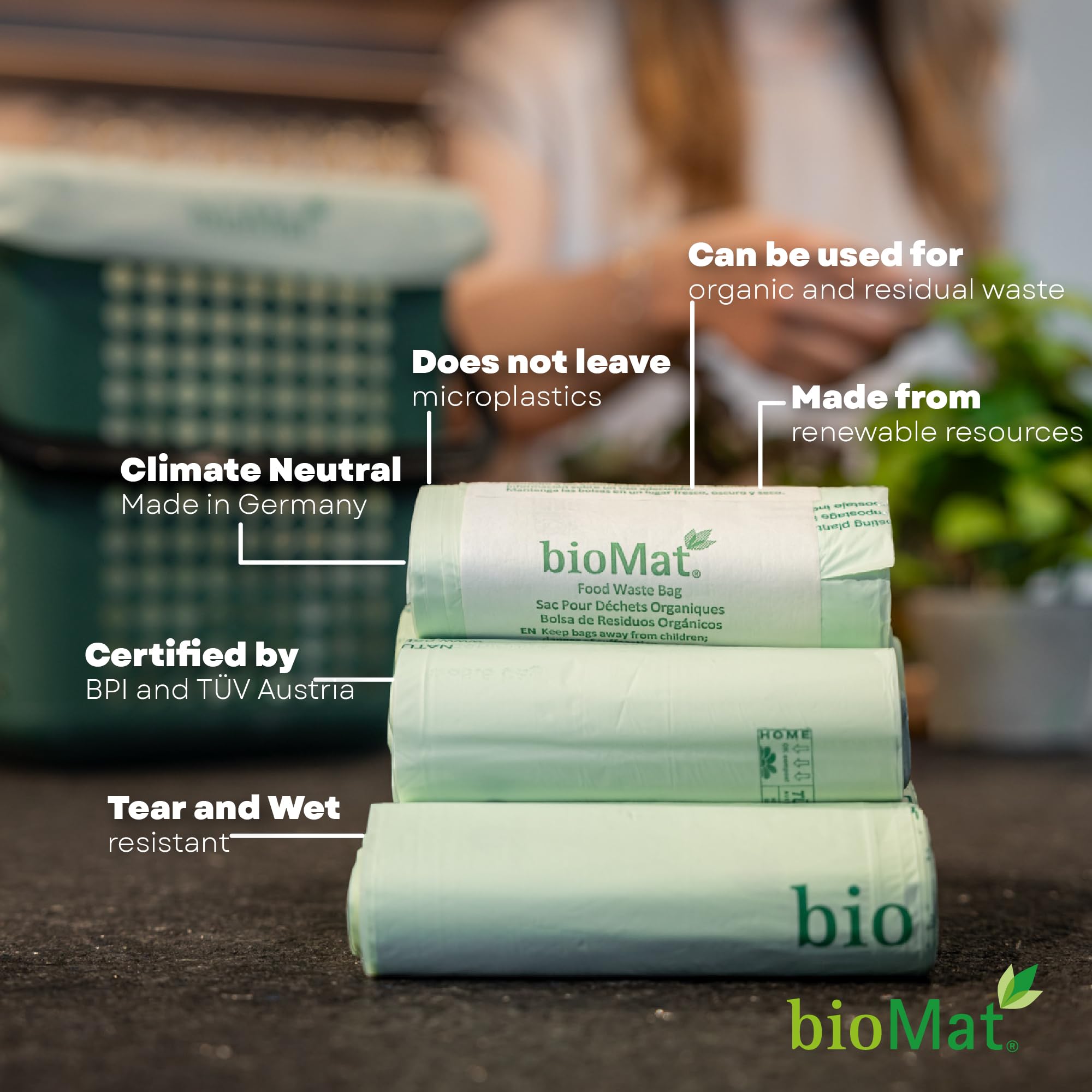 BioMat 2.6 Gallon Compostable Trash Bags - 125 Count, Tear Resistant & Leak Proof for Kitchen Countertop Bin - BPI & ASTM D6400 Certified Home Compostable Bags | Perfect for Food Scraps, Organic Waste & Eco-Friendly Kitchen Cleanup