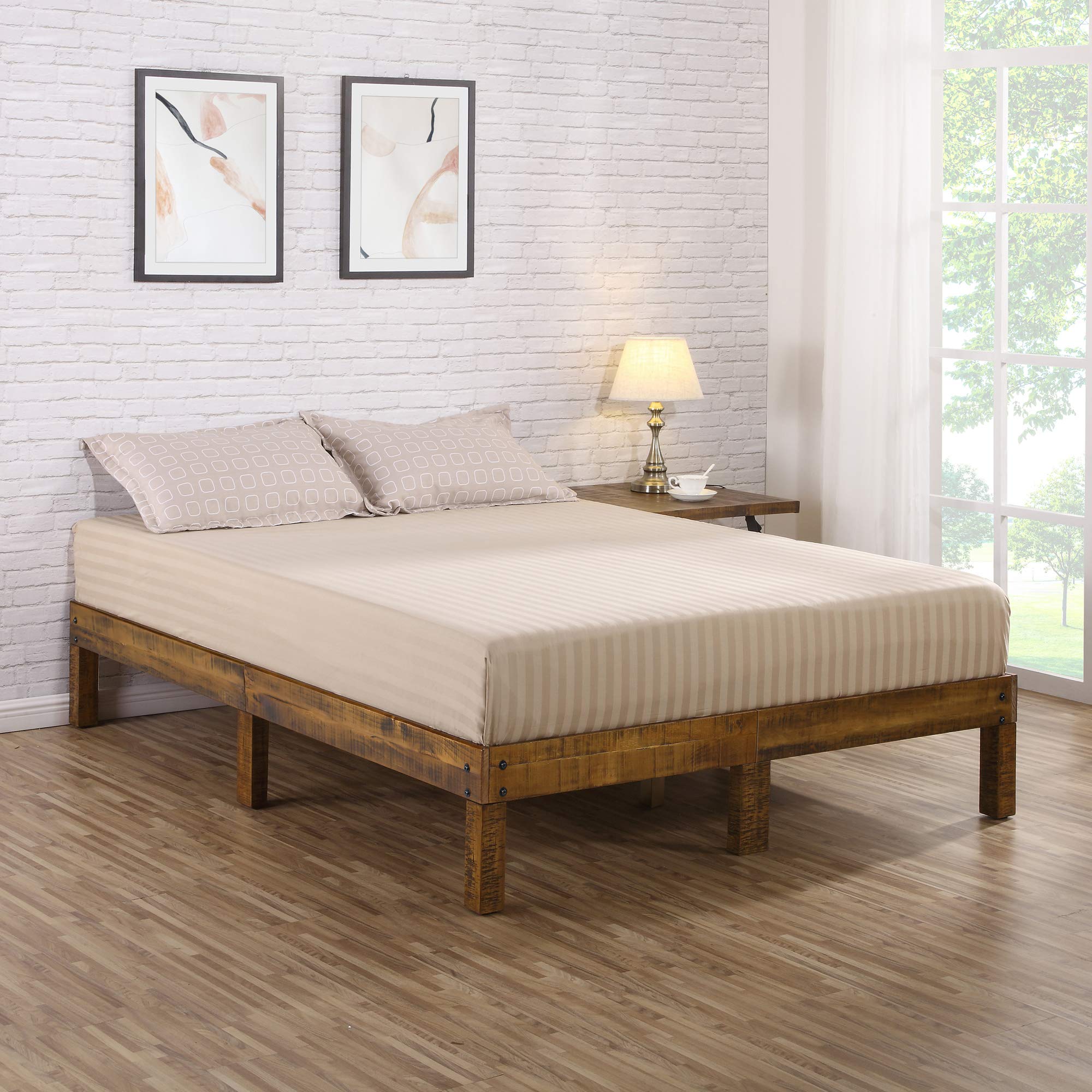 Olee Sleep 14 Inch Solid Wood Platform Bed Frame - Queen Size, Natural Brown Finish | Sturdy Wooden Bed Base for Master Bedroom, Guest Room & Small Spaces