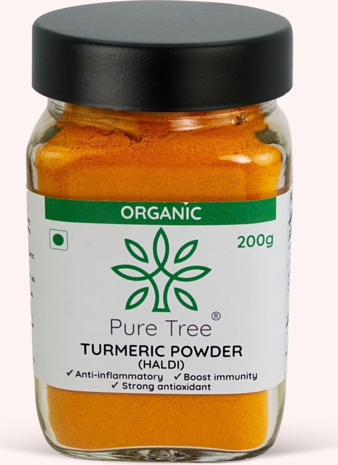 Pure Tree Certified Organic Turmeric Powder (Haldi) - 200g in Glass Jar | USDA Organic Spice for Cooking, Golden Milk & Health | Strong Antioxidant for Smoothies, Tea & Recipes