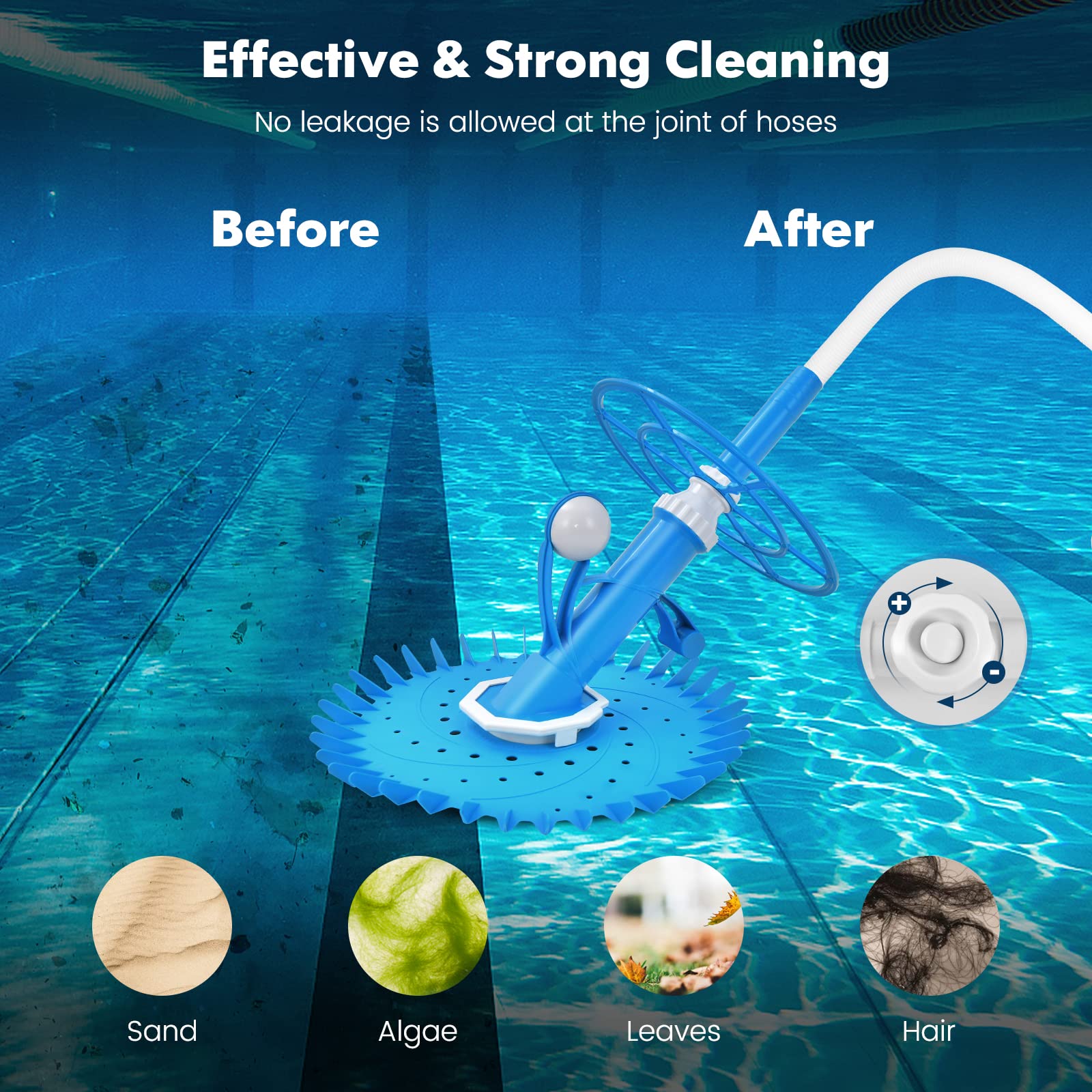 AFSTAR Automatic Pool Vacuum Cleaner - Cordless Suction-Side Pool Sweeper with 36-Fin Disc & 33FT Extension Hoses for In-Ground/Above Ground Pools - Efficient Cleaning for Floors & Walls - Perfect for Backyard, Vacation Homes & Community Pools