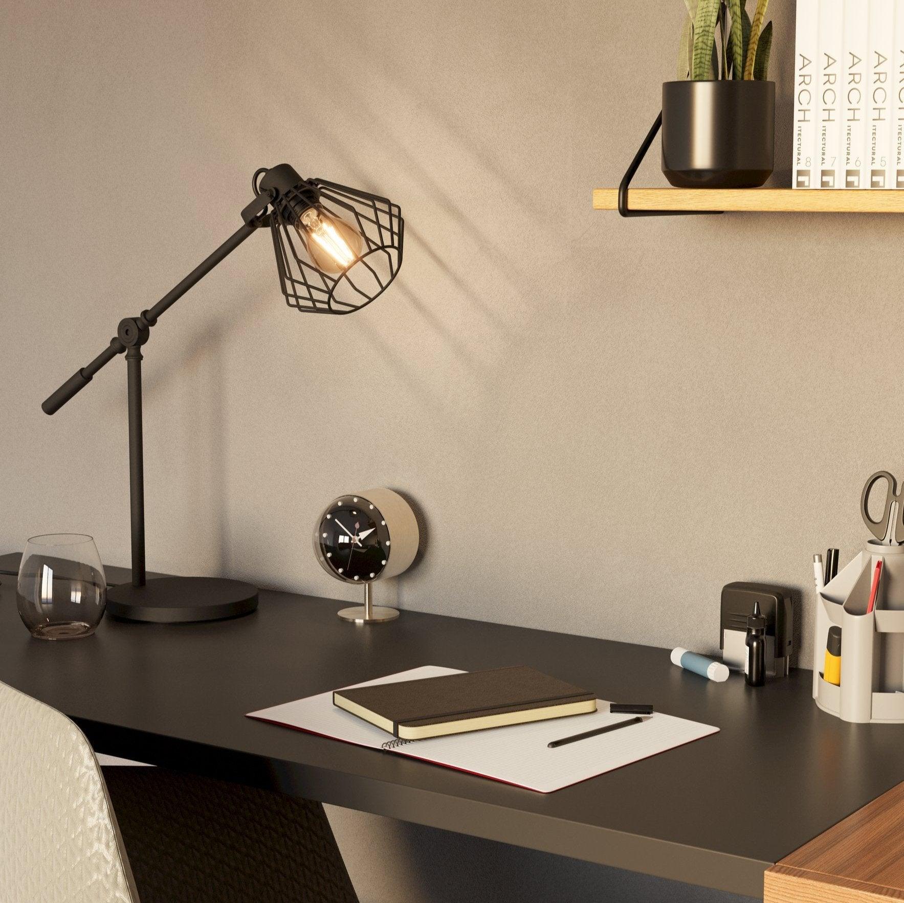 Eglo Tabillano 1 Black Metal Desk Lamp with Wire Lampshade - Modern Adjustable Office Lighting for Home & Workspace
